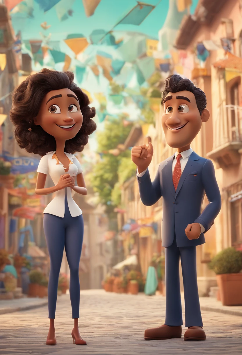 "An illustration of an adorable couple, apresentando um alegre, rechonchudo,  e uma mulher de pele branca com cabelo cachado , de Vidros Expressivos. O homem tem pele negra ta e cabelos cacheados, enquanto a mulher tem pele branca e cabelos Pretos cacheado . They are wearing the characteristic man in suits and the mulgher in blue dress., austero, e poses imponentes, . Illustrate this scene from a perspective where they are facing the camera, sorridente, and showing your connection. Create this artwork in Full HD, Focus on a cinematic touch, no estilo da Disney Pixar Animations. A legenda inferior diz Disney / Pixar,