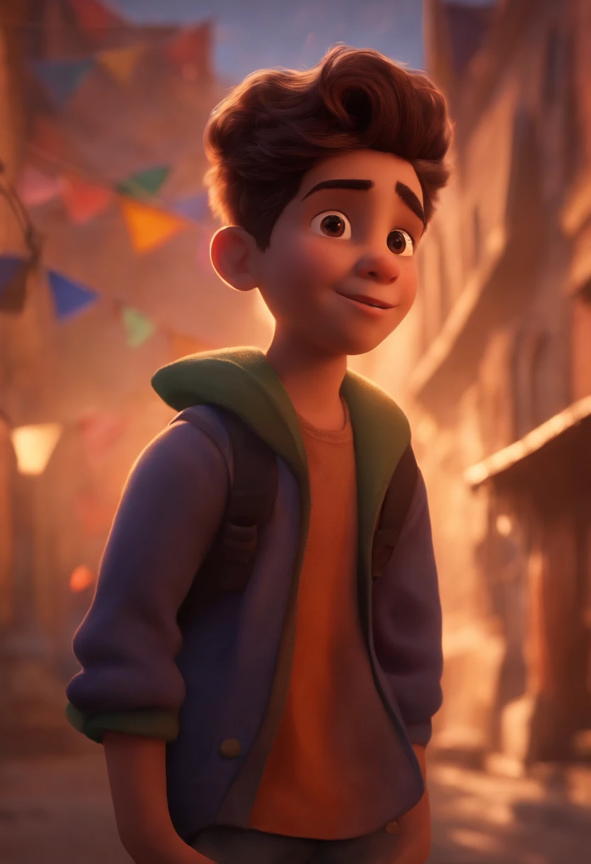 Image of a boy for a story in a YouTube video in Pixar format, He's the  allabester, He's the class leader, He's outgoing, Playful and gets up for a lot of things, cabelo curto