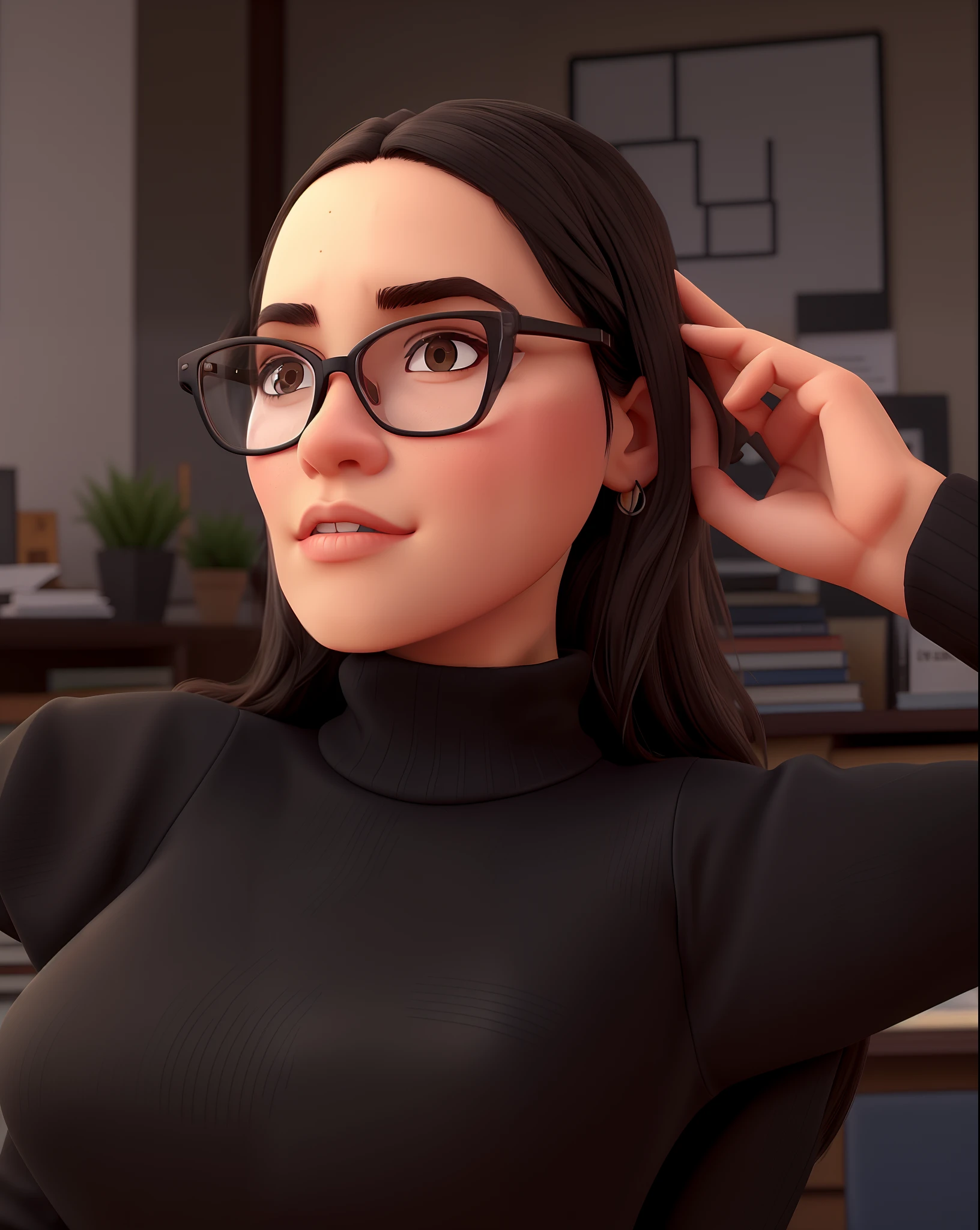 There's an almost black brunette woman wearing glasses and a black turtleneck top, thick glasses, wearing black rimmed glasses, wearing black frame glasses, wearing square glasses, black-rimmed glasses, black glasses, girl with glasses, with square glasses, With eye Glasses, glasses, with glasses on, Eyeglasses, imagem de perfil, reading glasses, wearing thin large round glasses, square glasses