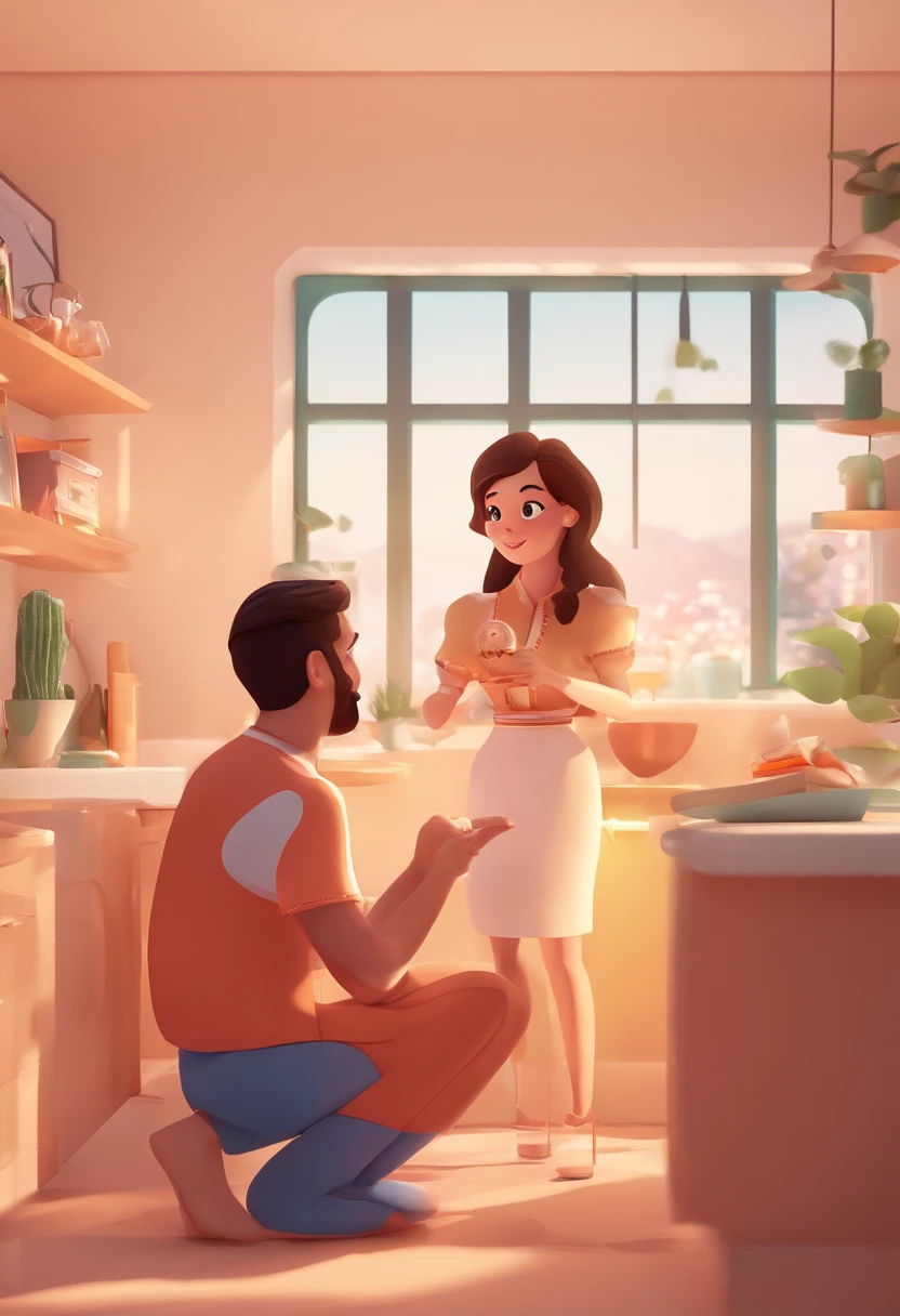 An illustration of an adorable couple, destacando um homem e uma mulher com bonito, Expressive eyes – the man's skin is black and the man's hair is bald and black, while the woman's skin is black and the woman's hair is curly and brown. They are a bright room, cada um com um sorriso no rosto, e compartilhar um momento especial caracterizado pelo amor, arroz, e insights educacionais. Illustrate this scene from a perspective where they are facing away from the camera, Showing Your Connection. Desenvolva esta arte em Full HD, Focus on your cinematic touch, Estilo Disney Pixar Animations