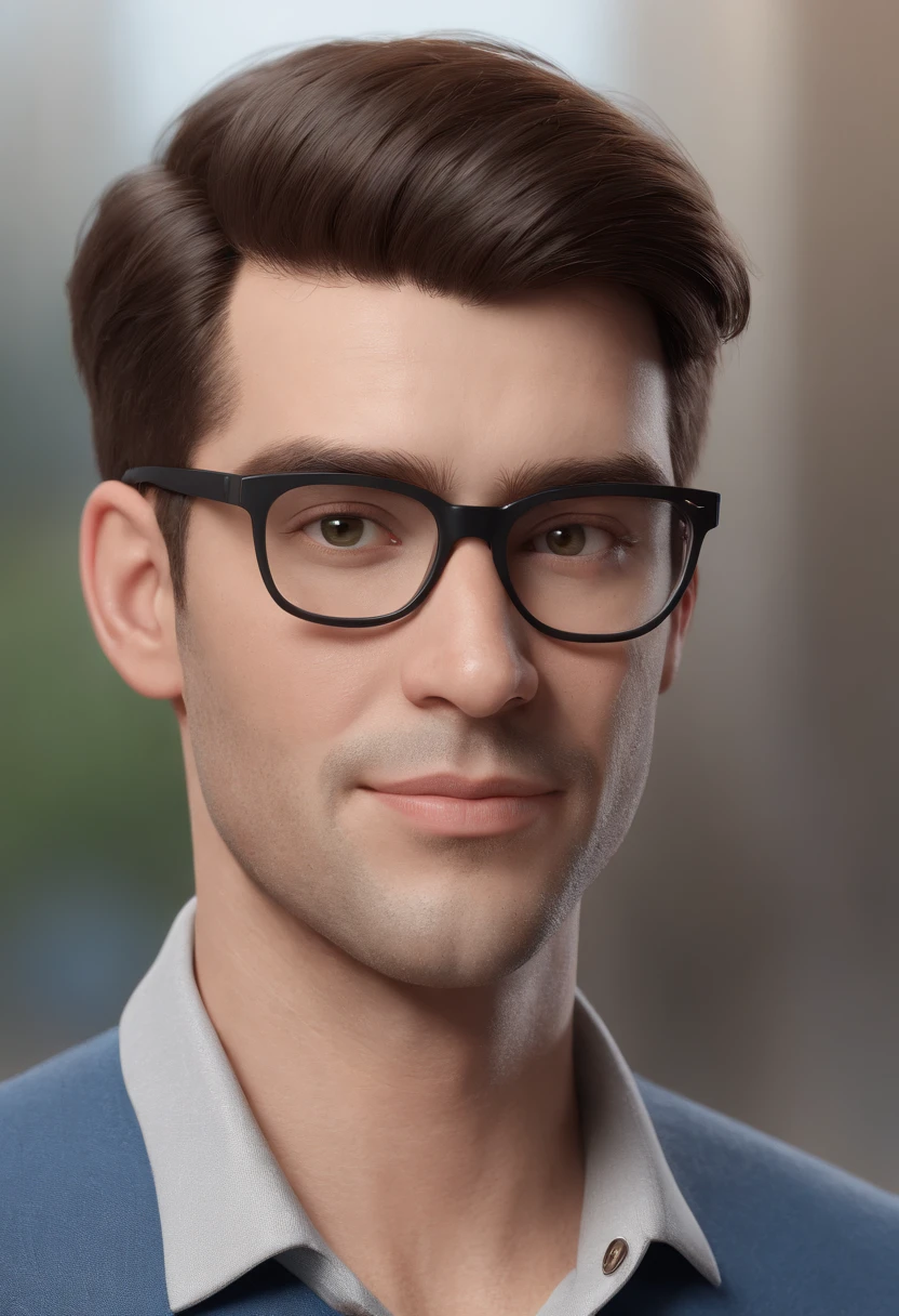 Cartoon character of a man wearing black glasses and a blue shirt, um personagem animado, Caractere estilizado, animation style rendering, 3D estilizado, Arnold Maya render, 3 d render stylized, toon render keyshot, Personagem 3D, Personagem 3D, 3d rendering stylized, 3 d character render, personagem de desenho animado, Personagem de close up, Pose de personagem, (Estilo Pixar) (master part:1.2) (Bokeh) (best quality) (pele detalhada) (textura detalhada) (8k) (argila) (Cinematic lighting) (foco nítido,Senta e vaza a parte superior do corpo