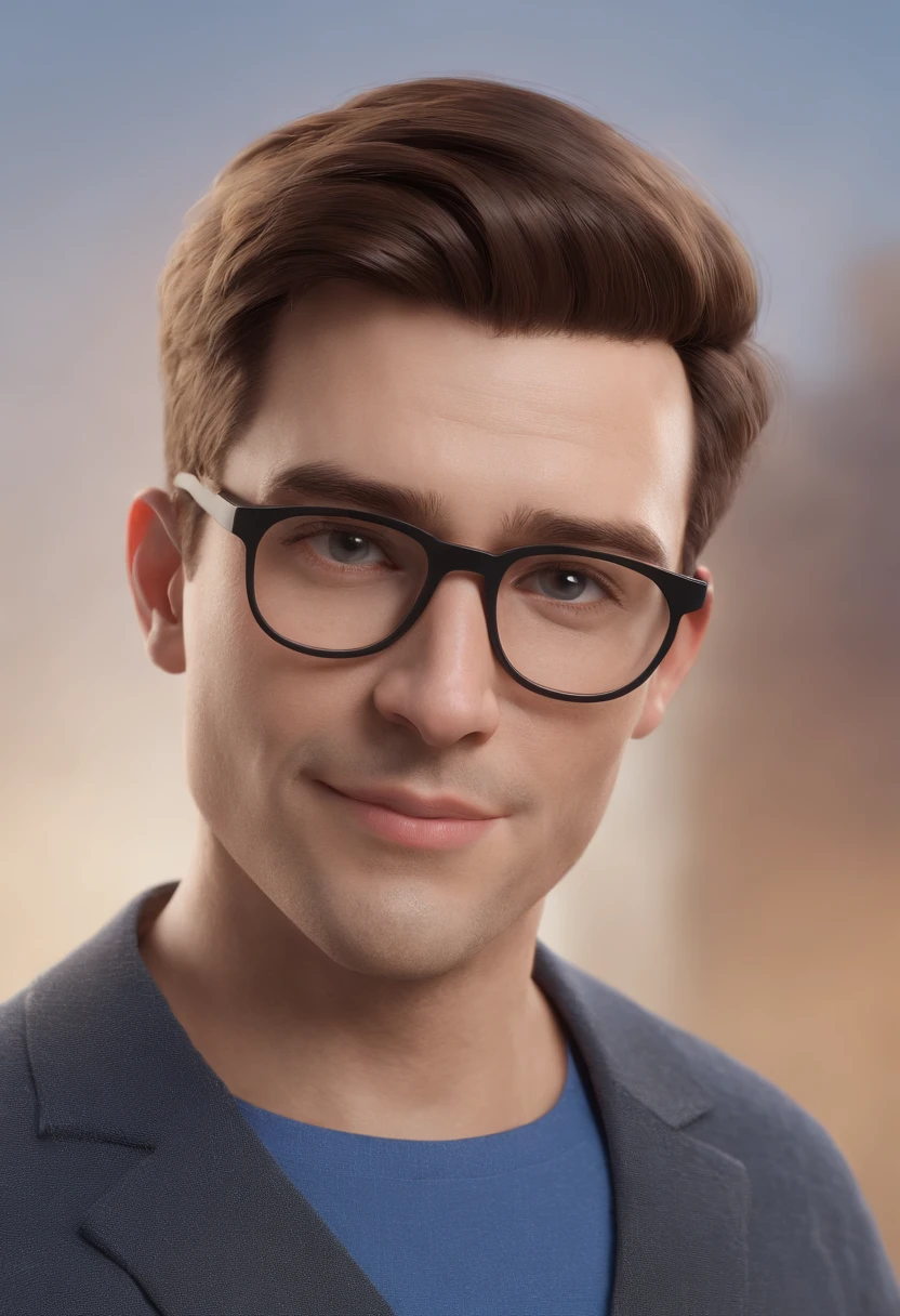 Cartoon character of a man wearing black glasses and a blue shirt, um personagem animado, Caractere estilizado, animation style rendering, 3D estilizado, Arnold Maya render, 3 d render stylized, toon render keyshot, Personagem 3D, Personagem 3D, 3d rendering stylized, 3 d character render, personagem de desenho animado, Personagem de close up, Pose de personagem, (Estilo Pixar) (master part:1.2) (Bokeh) (best quality) (pele detalhada) (textura detalhada) (8k) (argila) (Cinematic lighting) (foco nítido,Senta e vaza a parte superior do corpo