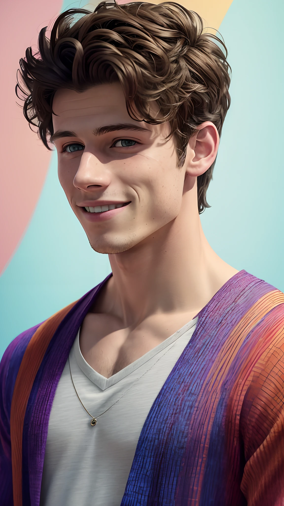 Shawn Mendes,taking a photo in front of a stylish colorful gradient wall, wearing a dress, smiling expressions, realistic portraits, Raw simulation style, makes him the focus of the image. Pay attention to details such as highlights and shadows on the face and hair to create a realistic and realistic image. Try different lighting techniques to enhance the mood and atmosphere of your portrait. ((High Detail Skin, Skin Detail)), Clear Focus, Volumetric Fog, 8K Ultra HD, SLR, High Quality, Film Granules, Fujifilm XT3