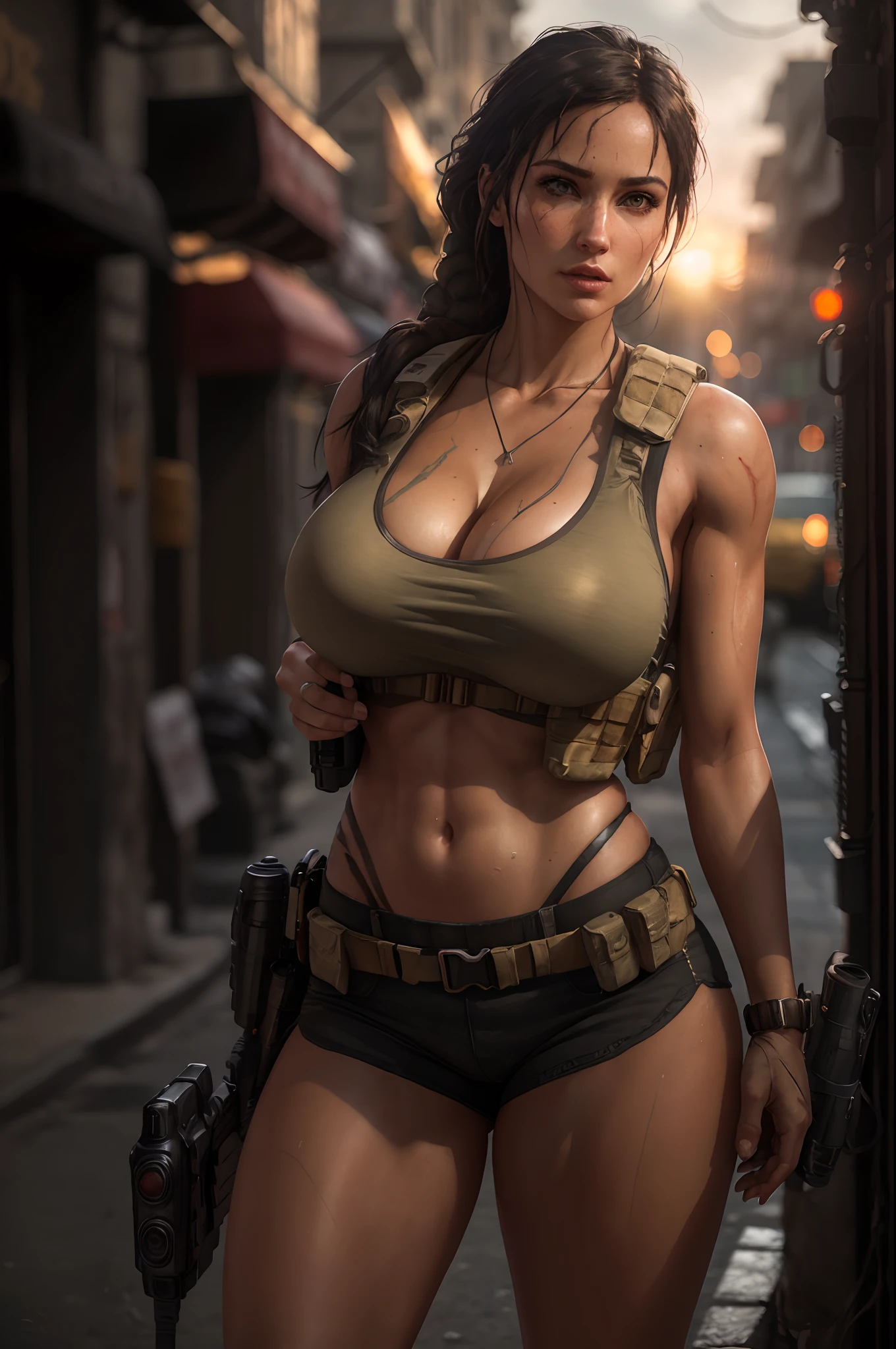 octane render, hdr, (hyperdetailed:1.3), (frontal soft light, sharp:1.2), Beautiful (Lara Croft:1) in a street,  detailed face, perfect body, cinematography, maximum details, neutral colors, hdr, soft cinematic light, insane details, ((realistic filter)),   (look at camera), (perfect legs), (perfect breast),random view, (regular hip), ((pull up thonga)), Tacticool, (vest:1.2), military, (cleavage)