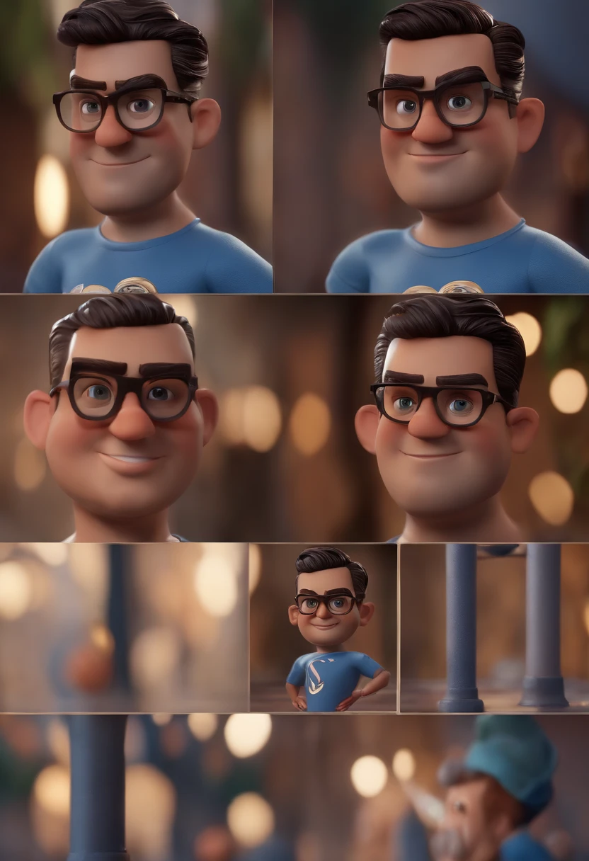 Cartoon character of a man with black glasses and a blue shirt, animation character, Caractere estilizado, animation style rendering, 3D estilizado, Arnold Maya render, 3 d render stylized, toon render keyshot, Personagem 3D, Personagem 3D, 3d rendering stylized, 3 d character render, personagem de desenho animado, Personagem de close up, Pose de personagem, (Estilo Pixar) (master part:1.2) (Bokeh) (best quality) (pele detalhada) (textura detalhada) (8k) (argila) (Cinematic lighting) (foco nítido