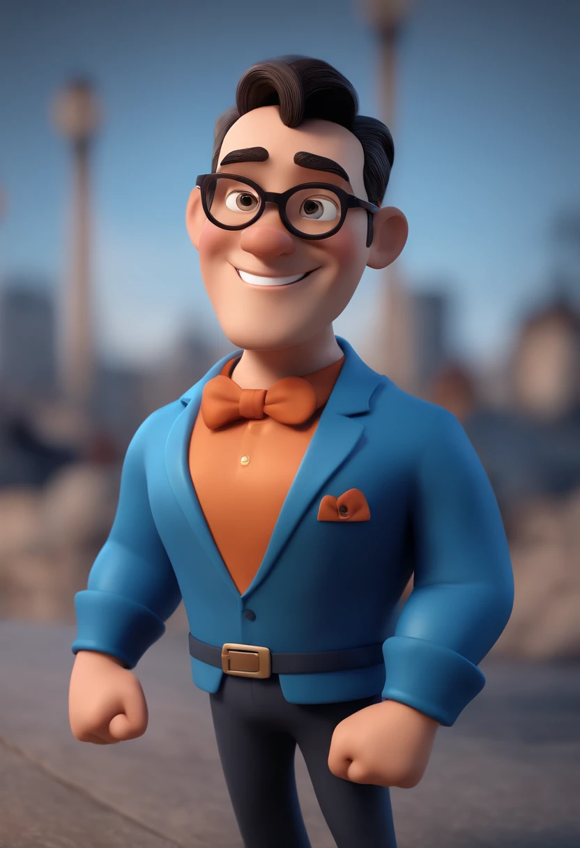 Cartoon character of a man with black glasses and a blue shirt, animation character, Caractere estilizado, animation style rendering, 3D estilizado, Arnold Maya render, 3 d render stylized, toon render keyshot, Personagem 3D, Personagem 3D, 3d rendering stylized, 3 d character render, personagem de desenho animado, Personagem de close up, Pose de personagem, (Estilo Pixar) (master part:1.2) (Bokeh) (best quality) (pele detalhada) (textura detalhada) (8k) (argila) (Cinematic lighting) (foco nítido