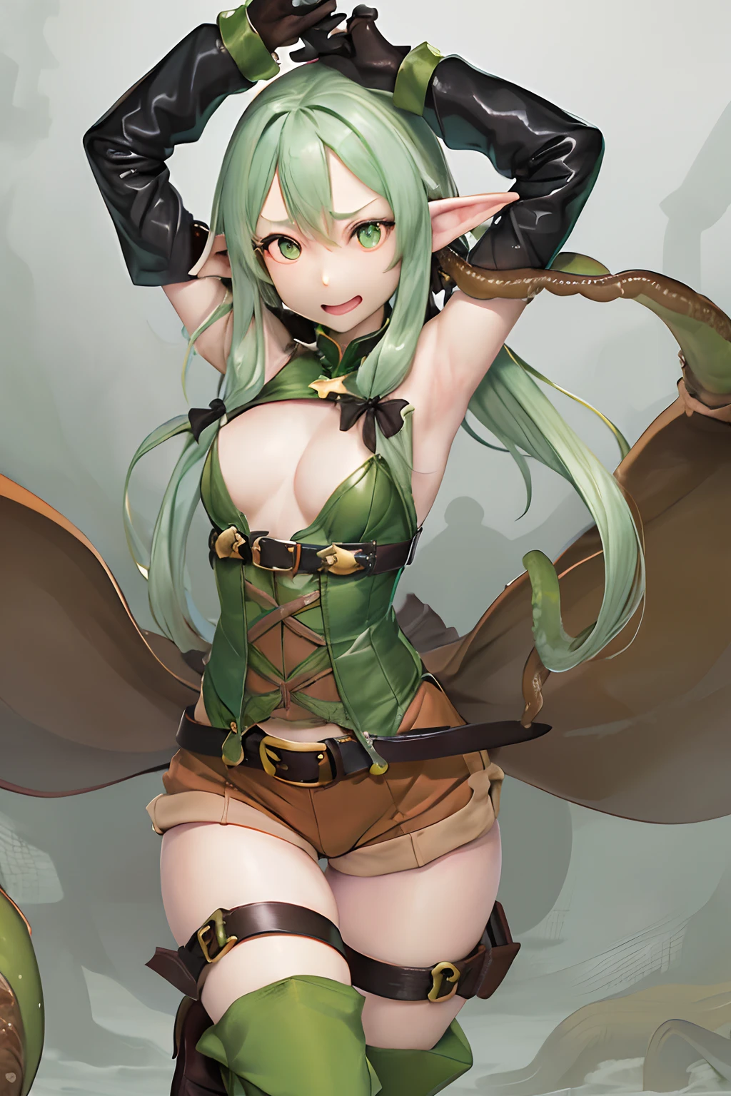 masutepiece, Best Quality, hight resolution, 1girl in, elf, pointy ear, Green hair, Long hair, side locks, Hair Bow, Small breasts, cloaks, Green eyes, Black Gloves, Brown shorts, green thighhighs, Short shorts, Belt bag,((embarassed expression))、((Arms are captured by tentacles))、((Girl having sex))、((The front paws are stuck in the tentacles))、((Opening legs))