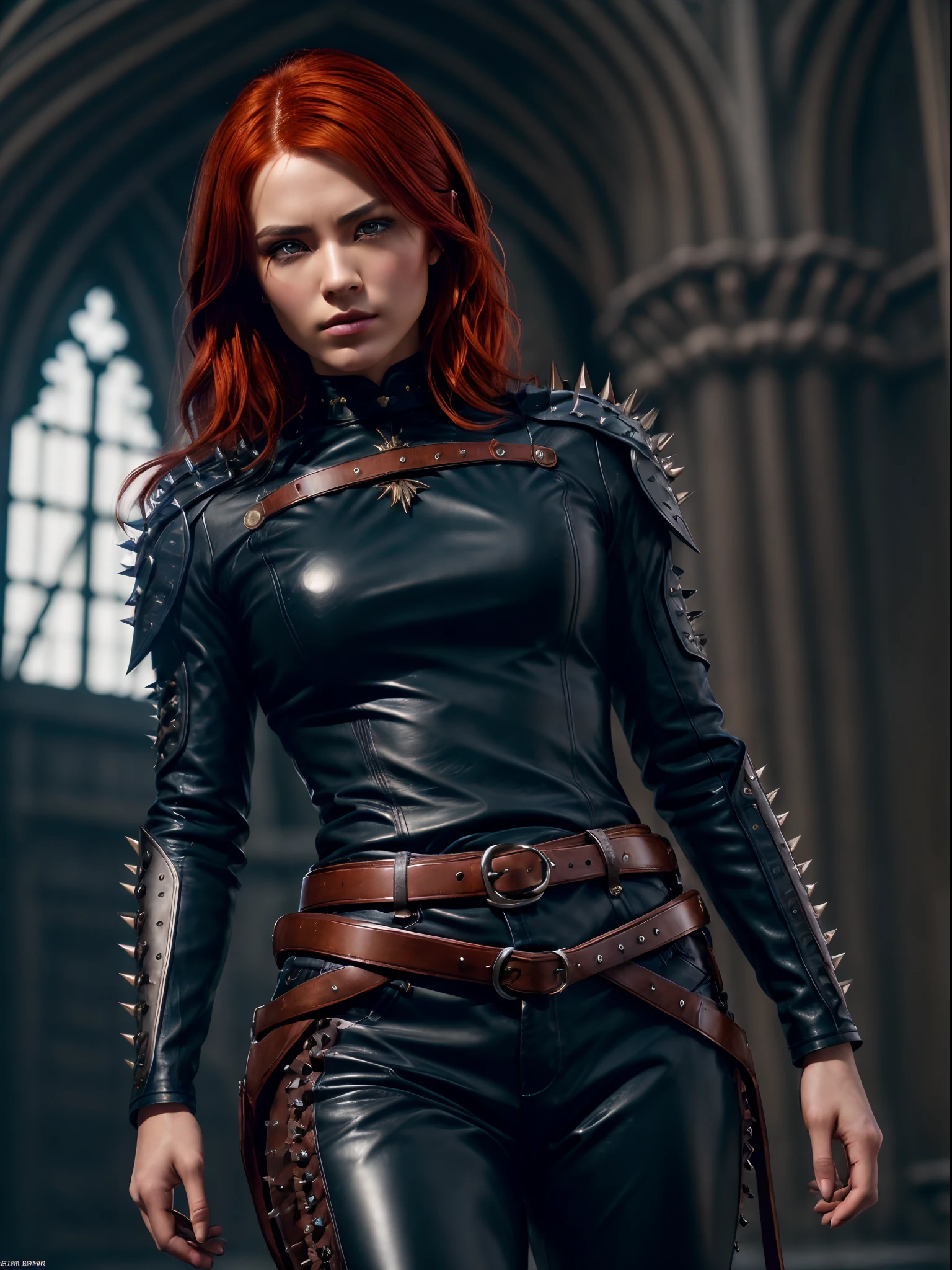 (masterpiece、top-quality、raw、analog style)、foco nítido、Stunning portrait of a beautiful woman、Short red hair、((highlydetailed skin、Skin Details))、Brown Leather Studed Leather Armor(Lots of spikes)、Wearing long black leather pants with belt、Warrior armor、Meadow at dusk、Illumination from upper left、Sharp eyes、ighly detailed、Cluttered and detailed background、battle posture、Dynamic action、Look at viewers
