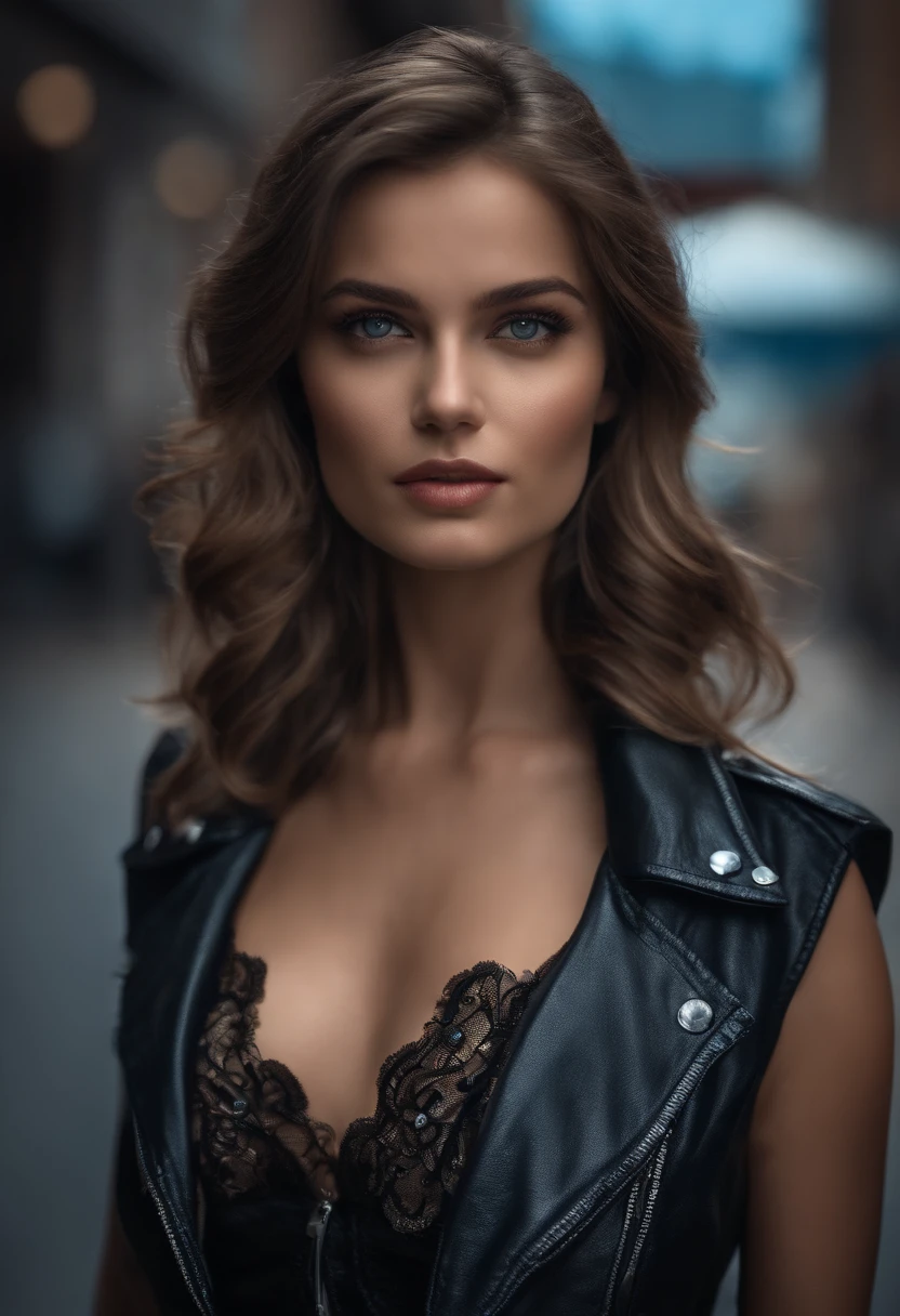 (Black Riders Jacket:1.1), (masutepiece, Best Quality, Pretty girl, Beautiful face, 8K, Raw photo, Photorealistic, absurderes:1.2), s, Cowboy Shot, Dutch Angle, face lights, Film grain, chromatic abberation, hight resolution, ultra-detailliert, finely detail, Light blue ruffled lace dress, Detailed skin, eyes and face, Sharp pupils, Realistic pupils, Sharp Focus, Street