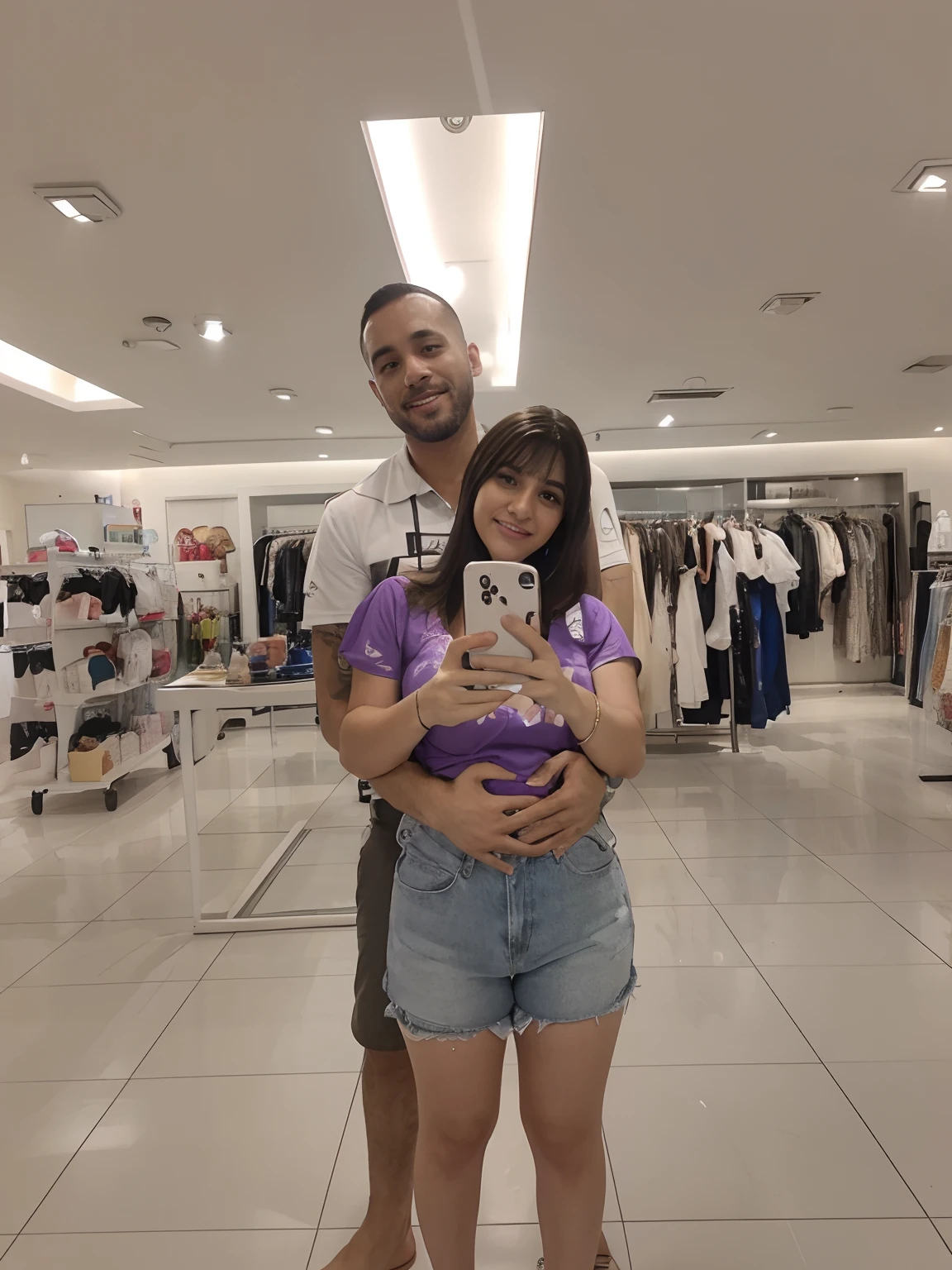 Casal tirando selfie em frente ao espelho realista