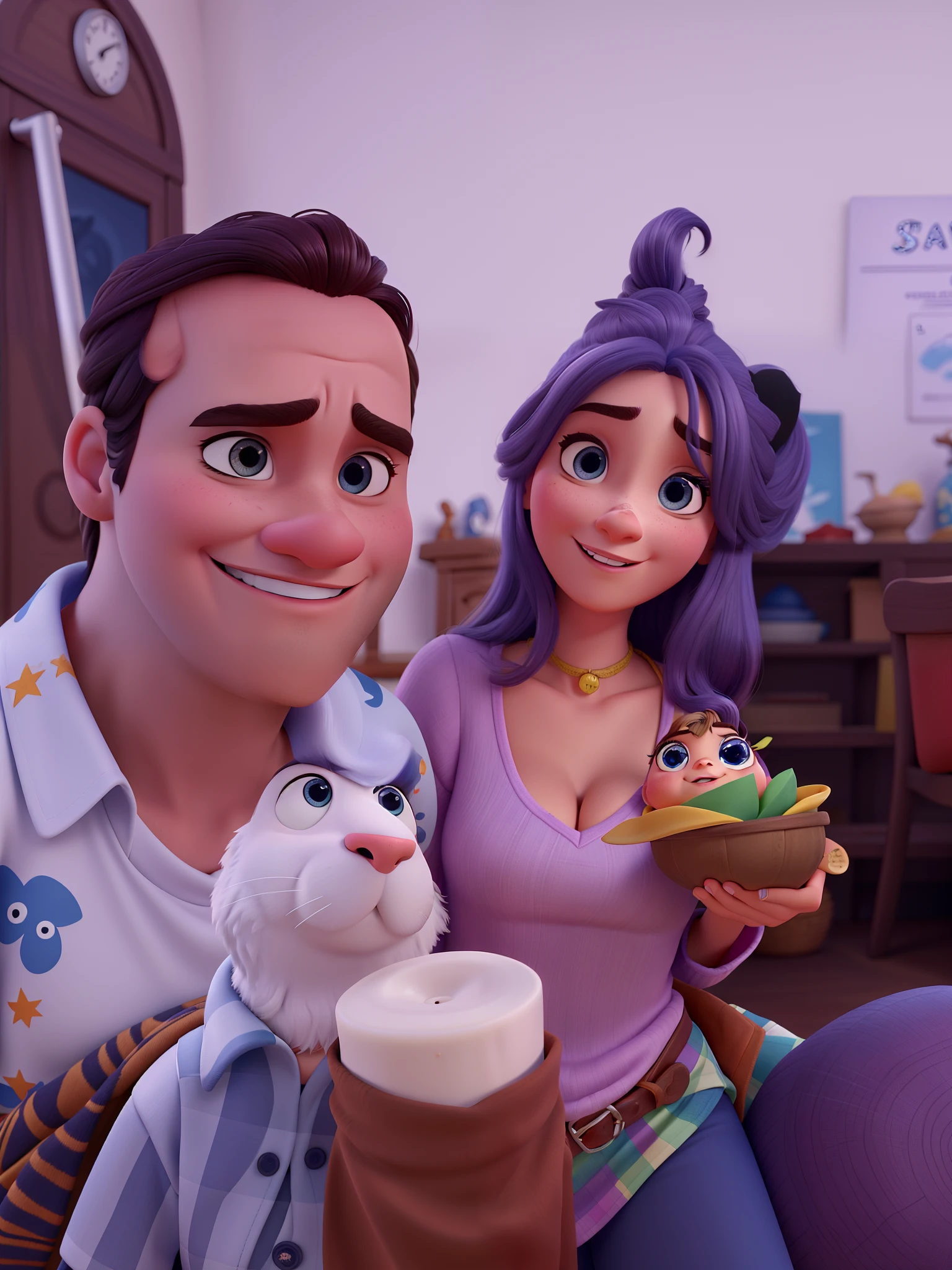 uma e mulher loira com olhos castanhos e um homem com olhos castanhos noestilo disney pixar, alta qualidade, melhor qualidade