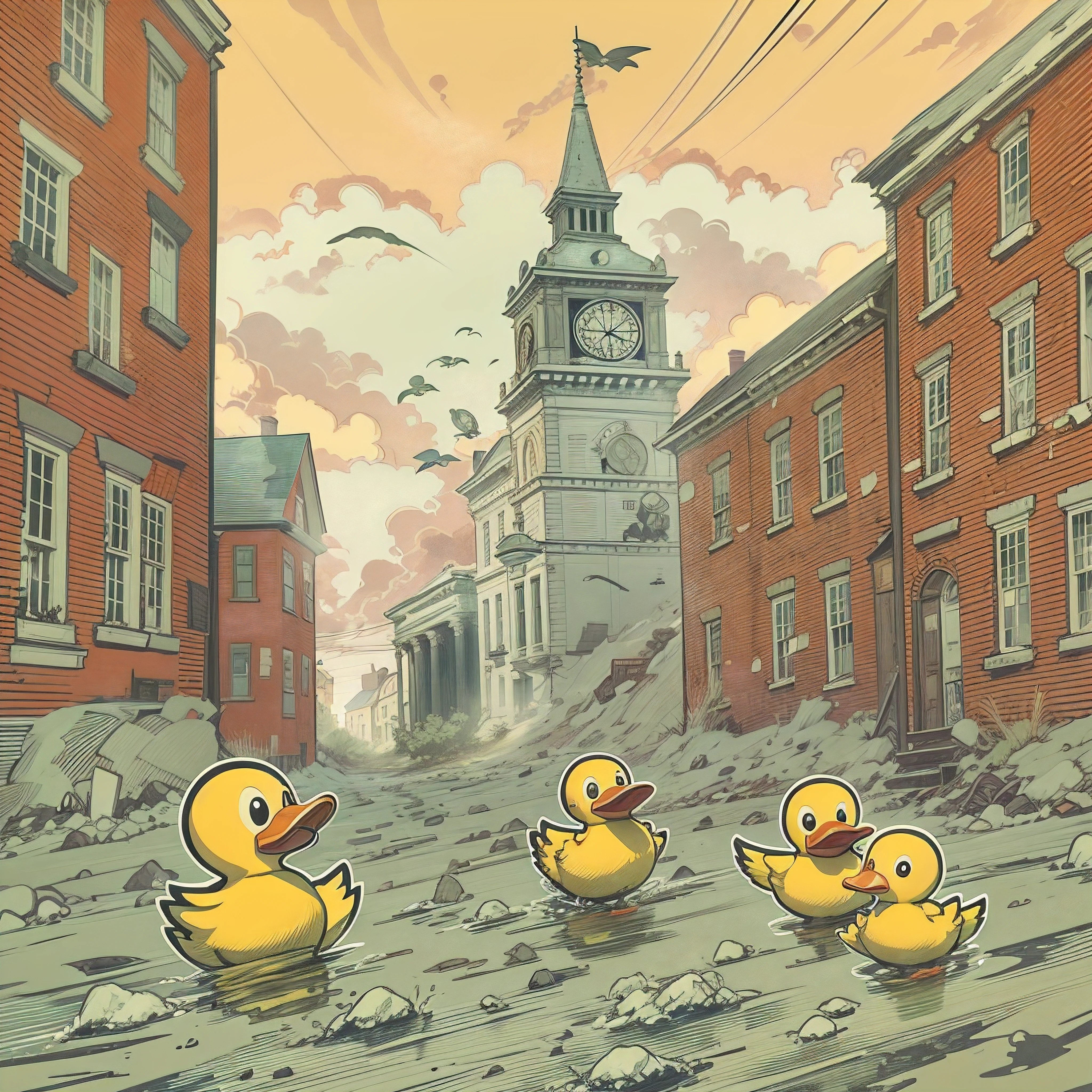 Against a pale yellow sky, a small green rubber duck with big animated eyes and a mouth floats over the clock tower of the Old State House building in Boston. The duck's bill is open wide in a scream as its stick-figure arms flail through the air.

"Yaaaaahhh!" the rubber duck yells in a panic, leaving a trail of zig-zagging motion lines behind it as it sails through the sky. The red brick state house building stands stoically below, the tiny shouts of wig-wearing colonists visible below.

In the next panel, the rubber duck is in freefall, mouth still agape in a shriek. Motion lines surround its body as it plunges down the side of the clock tower. The duck's eyes are comically wide with fear.

The final panel shows the rubber duck bonking a confused Benjamin Franklin on his powdered wig as he walks down the bustling dirt road. Franklin's eyes whirl from the impact as the duck bounces away, bill curved in a dazed grin. Around them, colonial townspeople continue on their way, oblivious to the falling toy.