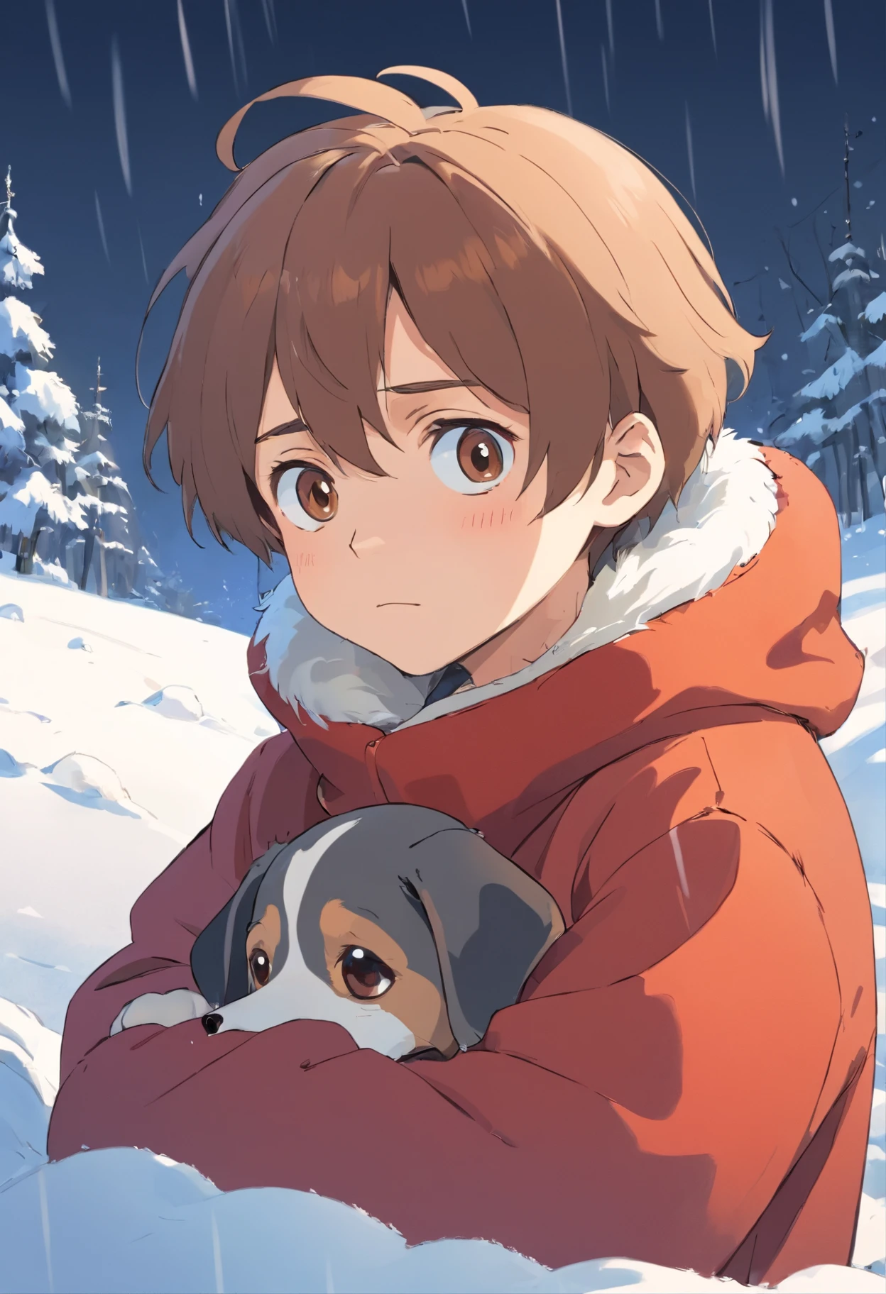A boy with,There are two Beagle ears on the head,Curl up in the snow,weeping,Sad-looking expression,There are scars on the neck,Q version,Simple lines