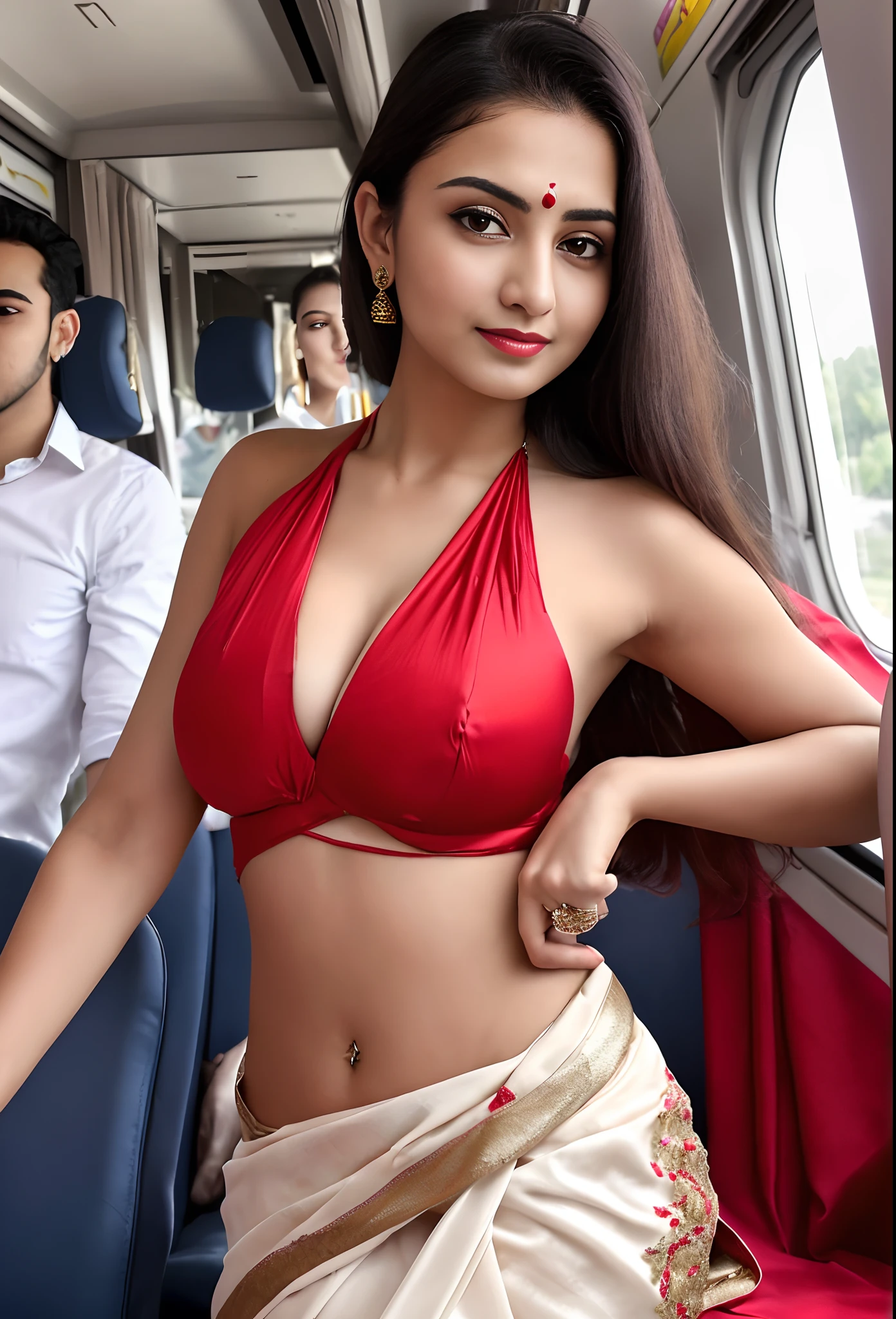 top-quality,ultra-detailliert,masterpiece,realisitic,Photo Real,Bright lighting,1 girl in, an extremely beautiful , (kawaii:1.2),Thin smile, (Brown eyes),(brown haired),(bangss),perfect glossy skin,flawless skin,((erotick,Sexy and sexually explicit)),((accurate hands without incongruity)), large full breasts,big breasts thin waist, Look at viewers,((a saree)),((red saree)),,((white blouse)),,( ( boobs lifted by yourself),(Showing boobs),,boobs focus, during daytime,On the train,Horizontal long seat with your back to the window