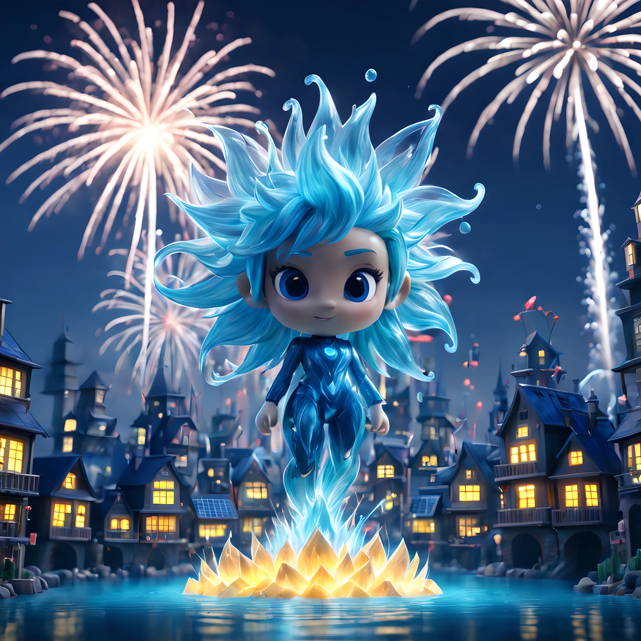 (Pixar style:1.5), (Pixar character:1.5), (chibi emote:1.5), (chibi character:1.5), (fantasy:1.5), (magical world:1.5), (spiritual world:1.5), (elemental character:1.5), (elemental town:1.5), (elemental futuric city:1.5), (night:1.5), (under fireworks:1.5), (water element character and solar element character:1.5), (3d render future city background:1.5), (fusion of 3d render and picar:1.5)