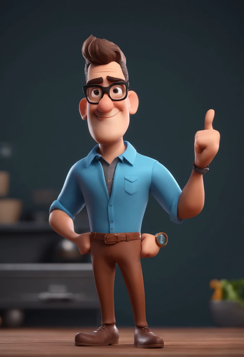 Cartoon character of a man with black glasses and a blue shirt, animation character, Caractere estilizado, animation style rendering, 3D estilizado, Arnold Maya render, 3 d render stylized, toon render keyshot, Personagem 3D, Personagem 3D, 3d rendering stylized, 3 d character render, personagem de desenho animado, Personagem de close up, Pose de personagem,  (Estilo Pixar) (master part:1.2) (Bokeh) (best quality) (pele detalhada) (textura detalhada) (8k) (argila) (Cinematic lighting) (foco nítido