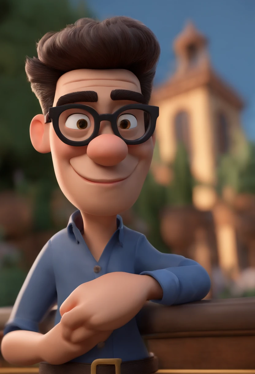 Cartoon character of a man wearing black glasses, barba preta e uma camisa azul, um personagem animado, Caractere estilizado, animation style rendering, 3D estilizado, Arnold Maya render, 3 d render stylized, toon render keyshot, Personagem 3D, Personagem 3D, 3d rendering stylized, 3 d character render, personagem de desenho animado, Personagem de close up, Pose de personagem, (Estilo Pixar) (master part:1.2) (Bokeh) (best quality) (pele detalhada) (textura detalhada) (8k) (argila) (Cinematic lighting) (foco nítido,Senta e vaza a parte superior do corpo