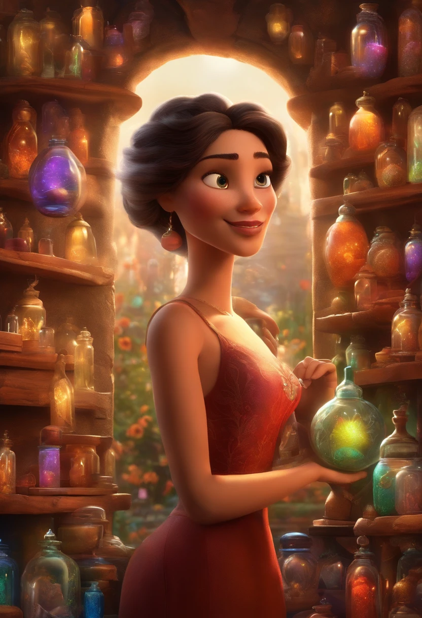 A collector of ideas inspired by Pixar animation, de perto. She is surrounded by a collection of magic vials, each containing a unique idea. The focus is on the character, with a captivating facial expression, Against a backdrop of shimmering, cores efervescentes.