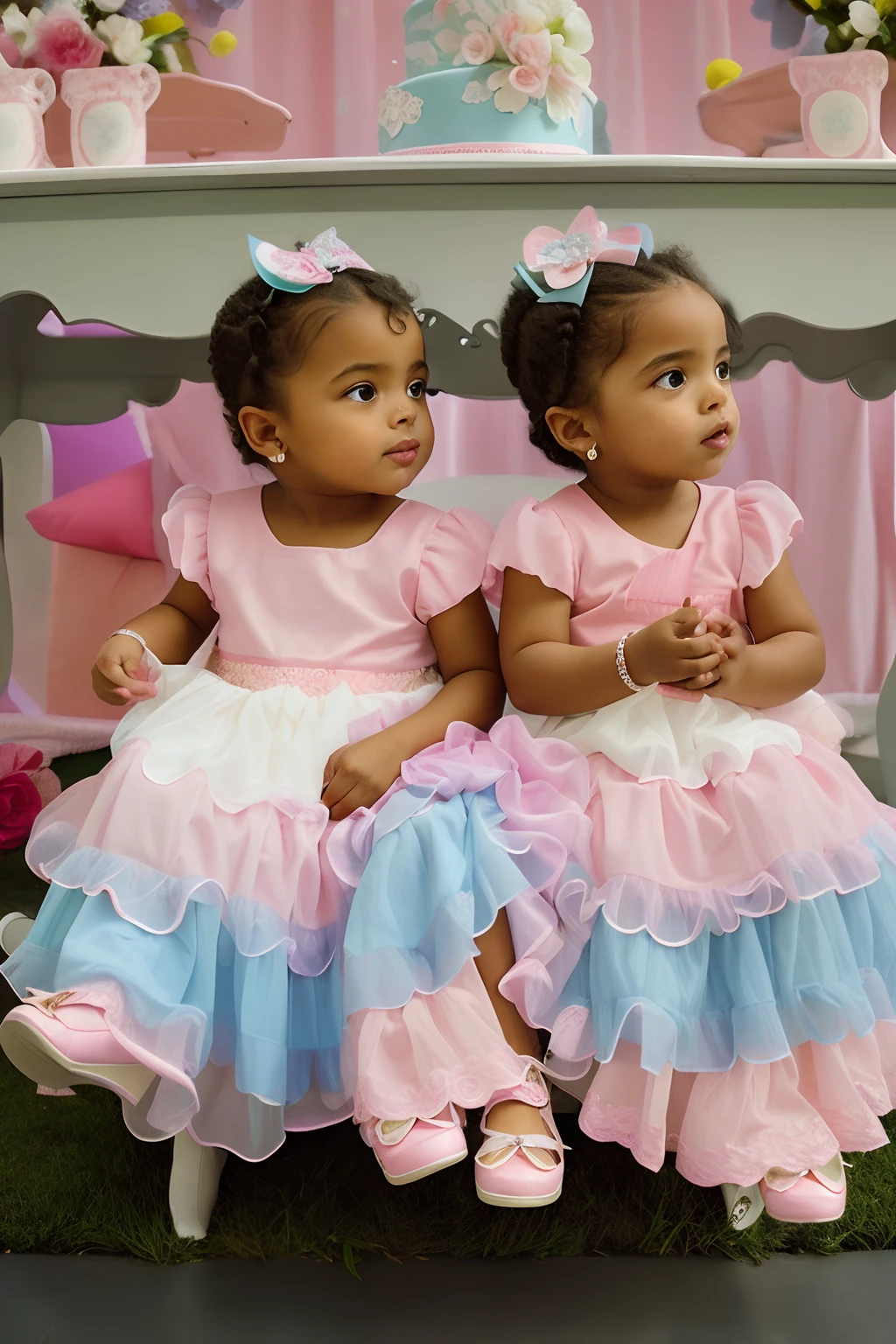 A black girl with long, brown hair and green eyes, She is sitting in a green armchair and is wearing an elegant light blue with details and diamonds. Realistic texture she stands next to a white girl with straight hair wearing a light pink dress and wearing a ballet shoe