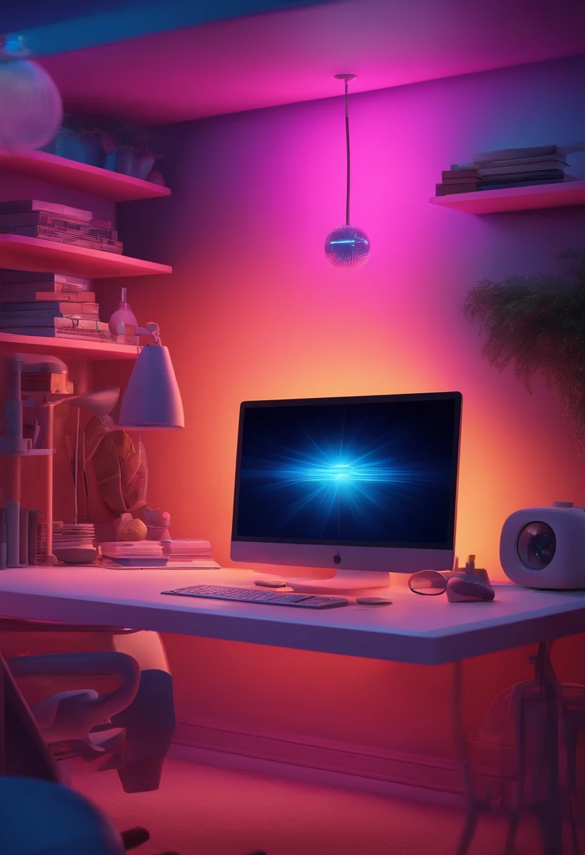 Create a 3D Pixar Poster-style backdrop in 4k , with the title: "Sarah tech" The Unstoppable. The setting is a work-from-home studio, com leds e luzes neon magenta e azul.
