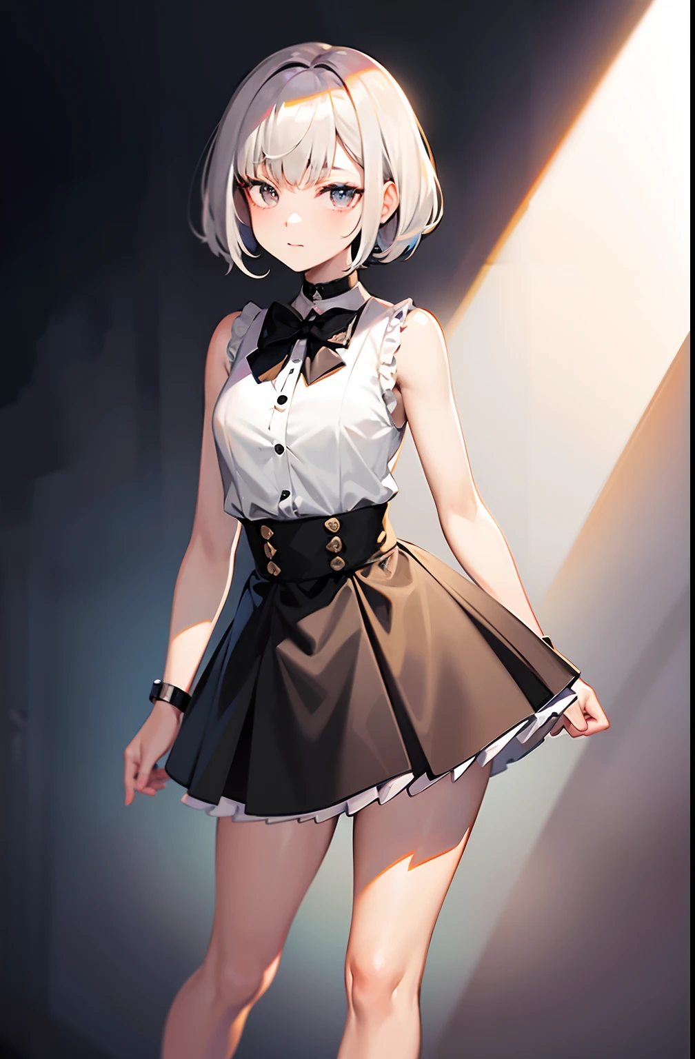 best quality, ultra high res, 1girl, sleeveless white button shirt, black skirt, black choker, cute, (Kpop idol), (aegyo sal:1), (platinum blonde hair:1), ((puffy eyes)), looking at viewer, full body, facing front