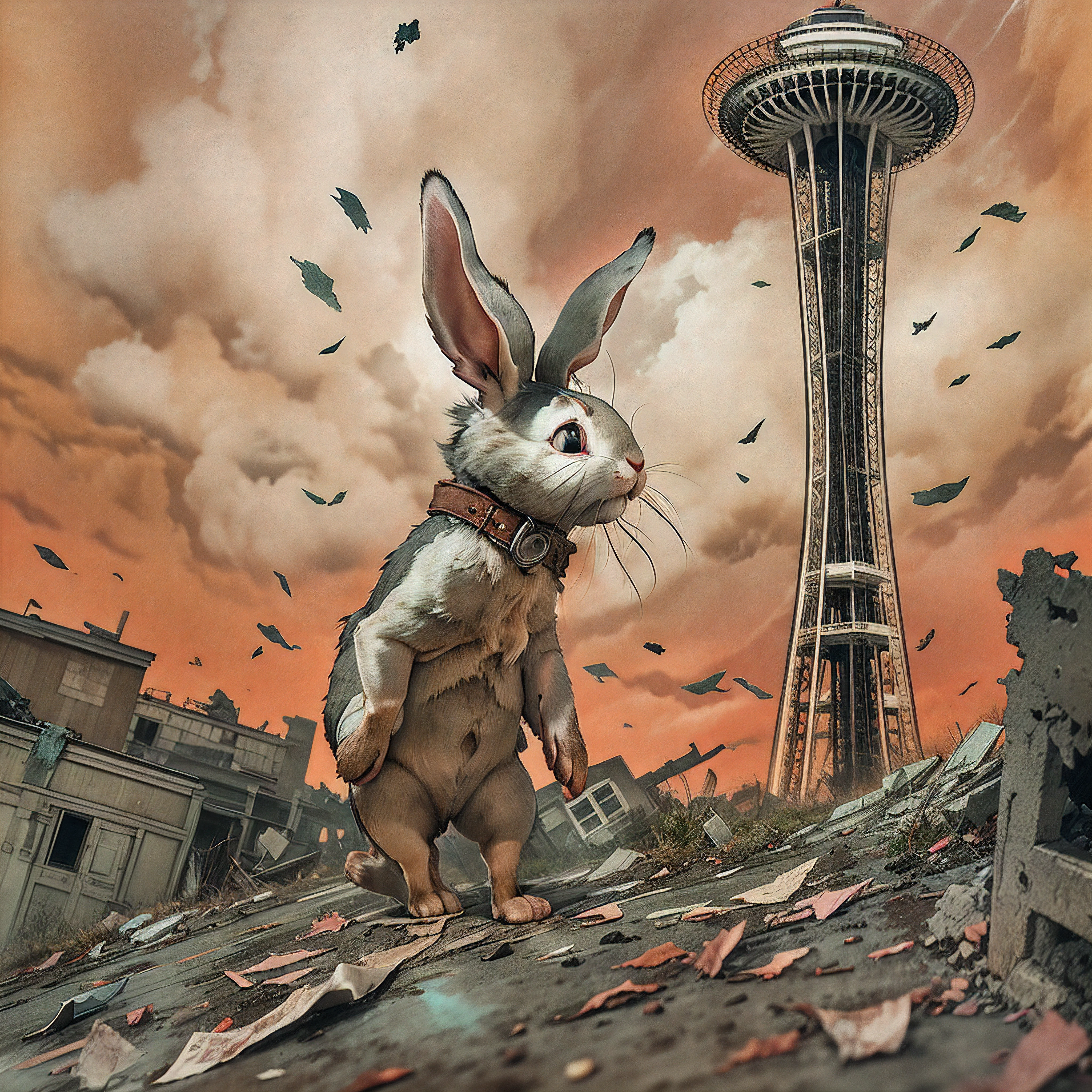 Against a dark red sky filled with black clouds, a tattered stuffed rabbit with one button eye missing floats over the crumbling remains of the Space Needle in Seattle. The rabbit's head lolls open loosely in a silent scream as its limp arm drags through the air.

"Nooo..." the rabbit moans weakly, leaving a trail of wavering motion lines behind it as it drifts through the sky. The once towering Space Needle now stands broken below, bent and corroded from years of neglect.

In the next panel, the ragged rabbit is in freefall, its head still open in a soundless shriek. Frayed motion lines surround its body as it plunges down the side of the structure. The rabbit's remaining button eye is wide with resignation.

The final panel shows the stuffed rabbit hitting the cracked asphalt with a quiet thud at the feet of a man in tattered clothes and a gas mask. The man barely glances down as the toy hits the ground. In the distance, the ruins of Seattle smolder under the ominous sky. The only sound is the lonely wind.