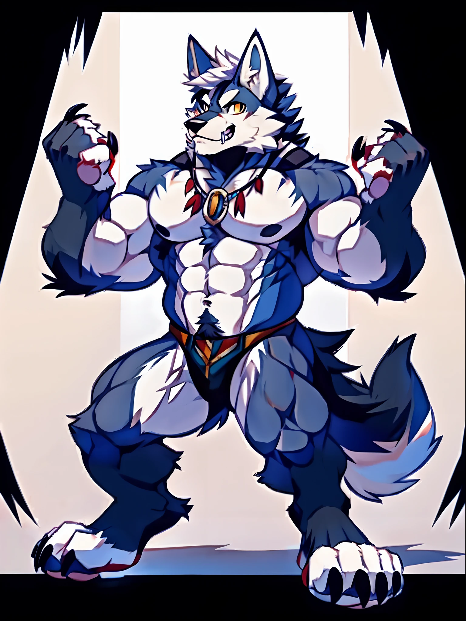Human-wolf,musculous,Hairy all over,clawed paws,erect through