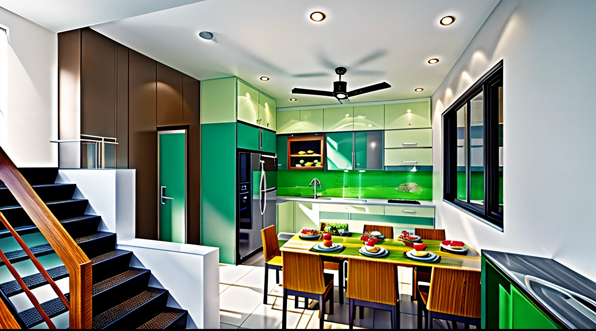 kitchen furniture,,acrylic cabinet, outside the window is a green fishing garden, by the kitchen is a toilet, the kitchen surface is arranged kitchen utensils, kitchen cabinets with microwave, 2 refrigerators, green construction in the house