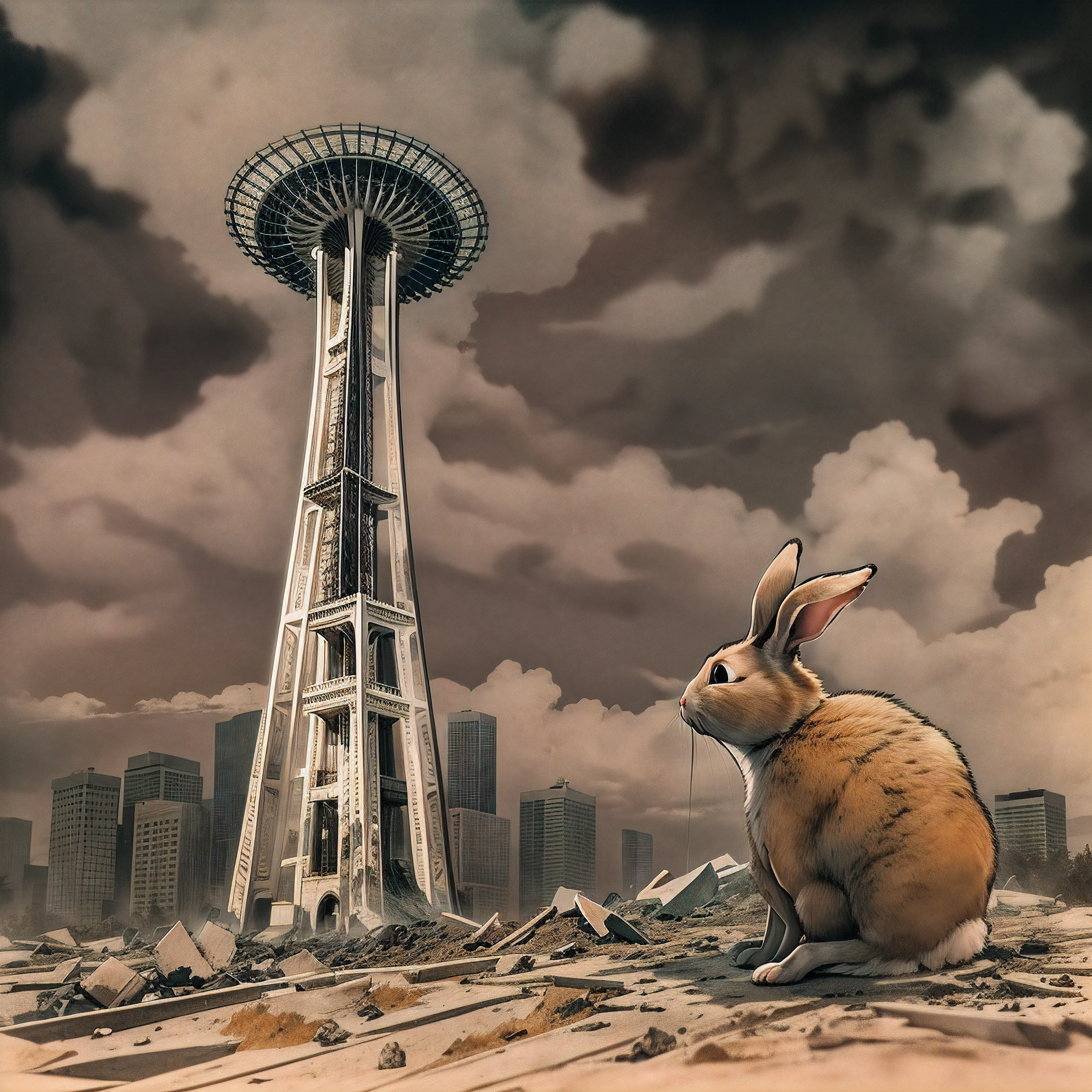 Against a dark red sky filled with black clouds, a tattered stuffed rabbit with one button eye missing floats over the crumbling remains of the Space Needle in Seattle. The rabbit's head lolls open loosely in a silent scream as its limp arm drags through the air.

"Nooo..." the rabbit moans weakly, leaving a trail of wavering motion lines behind it as it drifts through the sky. The once towering Space Needle now stands broken below, bent and corroded from years of neglect.

In the next panel, the ragged rabbit is in freefall, its head still open in a soundless shriek. Frayed motion lines surround its body as it plunges down the side of the structure. The rabbit's remaining button eye is wide with resignation.

The final panel shows the stuffed rabbit hitting the cracked asphalt with a quiet thud at the feet of a man in tattered clothes and a gas mask. The man barely glances down as the toy hits the ground. In the distance, the ruins of Seattle smolder under the ominous sky. The only sound is the lonely wind.
