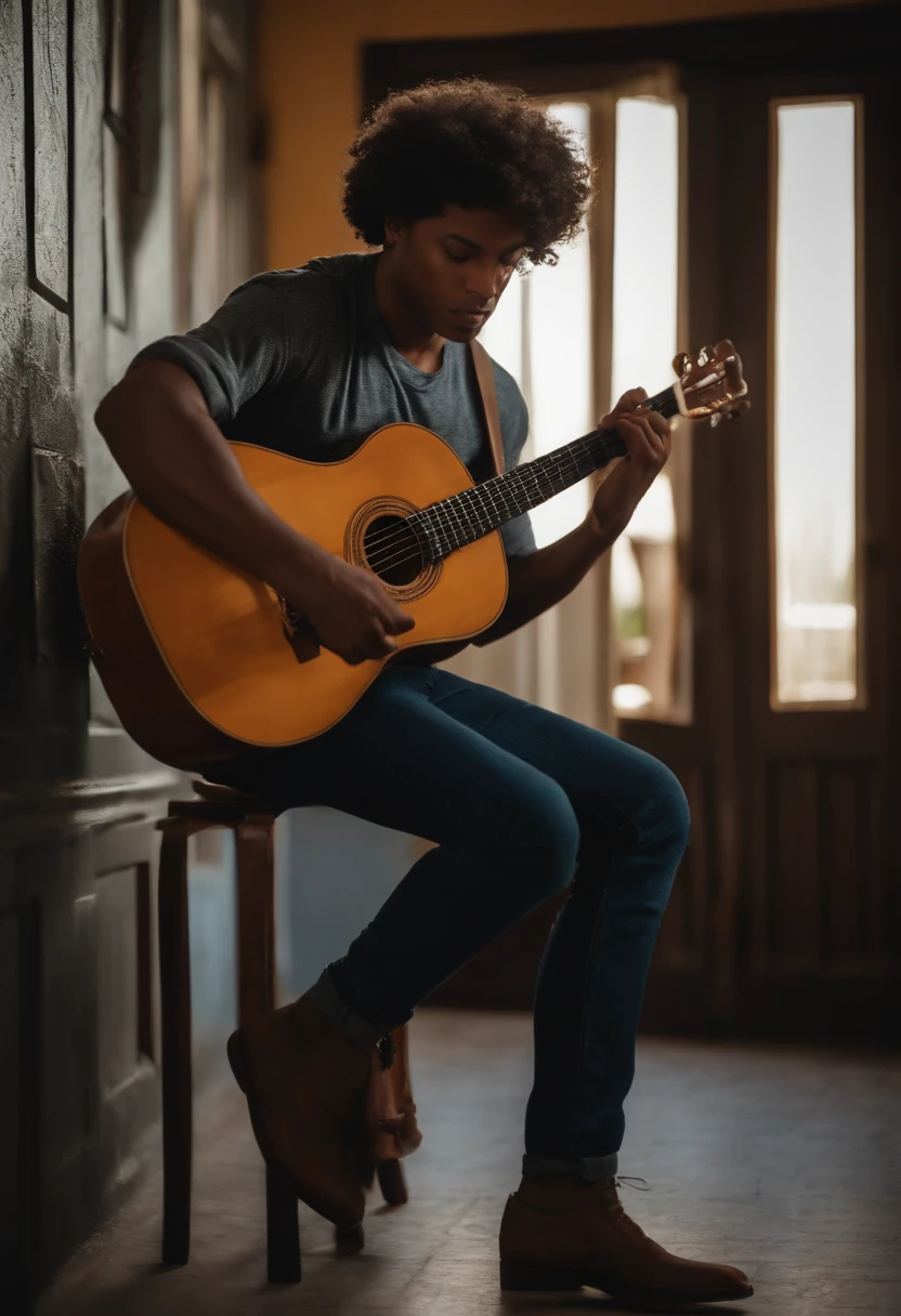 crie um jovem negro, moreno pardo com cabelos curtos, escuros, Curly and slightly grayish appearance, mas jovem, usando uma camiseta, Wearing jeans and holding a classical guitar with 7 strings.