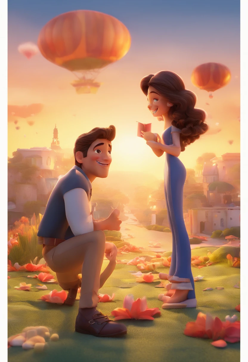 An illustration of an adorable couple, Highlight for a brunette man and a brunette woman with beautiful expressive eyes – the man's skin is brown and the man's hair is military and black, while the woman's skin is brown and the woman's hair is curly and brown. They are a bright room, cada um com um sorriso no rosto, e compartilhar um momento especial caracterizado pelo amor, Insights. Illustrate this scene from a perspective where they are facing the camera, Smiling and Showing Your Connection. Desenvolva esta arte em Full HD, Focus on your cinematic touch, Estilo Disney Pixar Animations