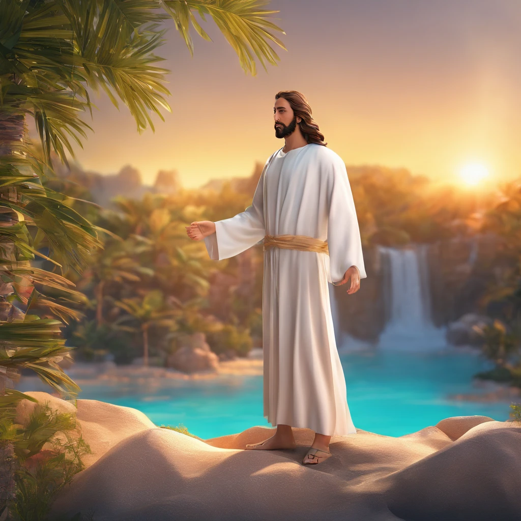 (extremamente detalhado, imagem de jesus, best quality), foco nos detalhes, natural lighting, Dynamic, cores vibrantes, luz solar brilhante, cores vibrantes, semblante sereno, tranquilidade das ondas, crystal clear turquoise water.