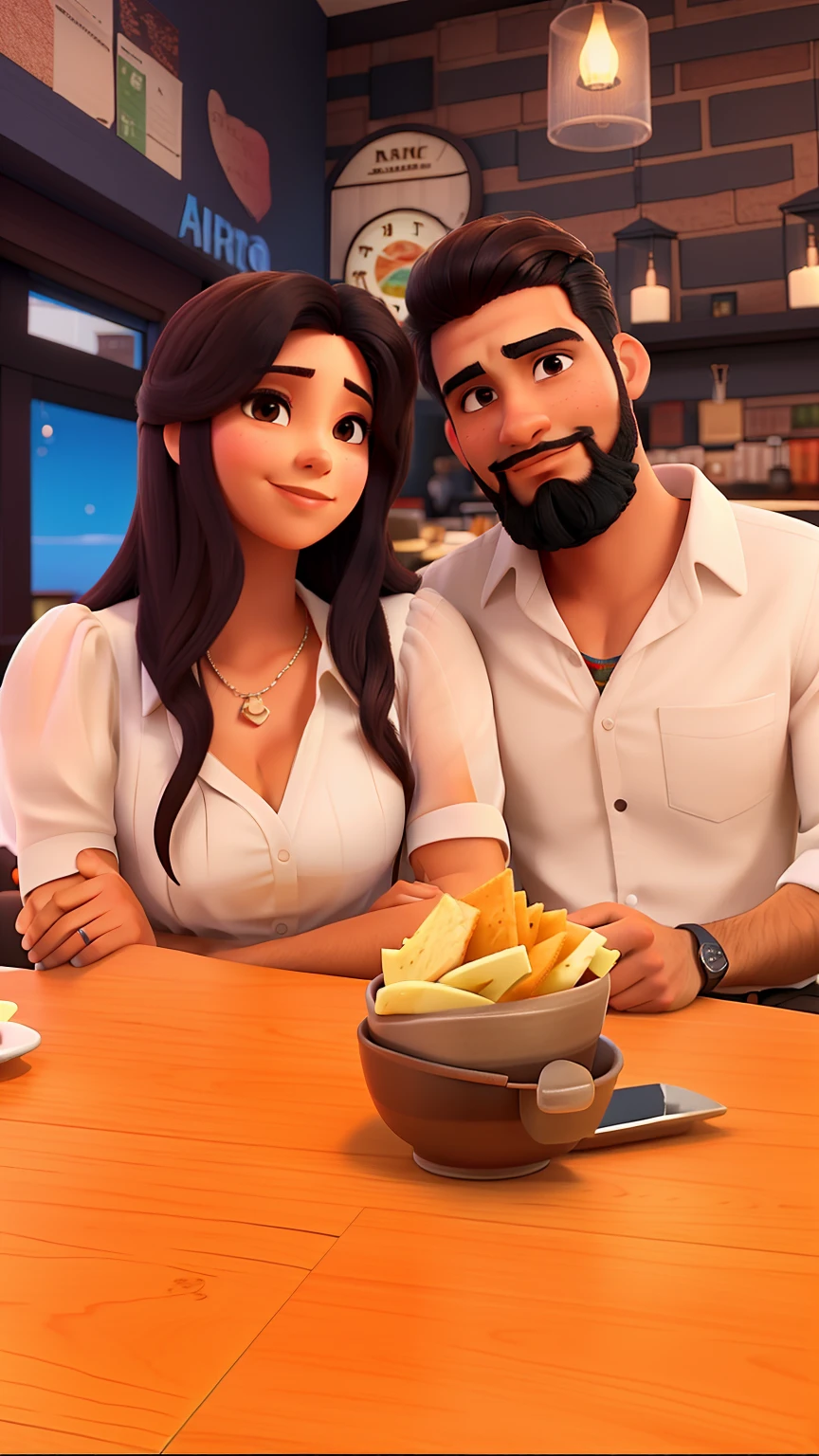 Casal latino americano em restaurante amor homem com barba e cabelo grande amarrado