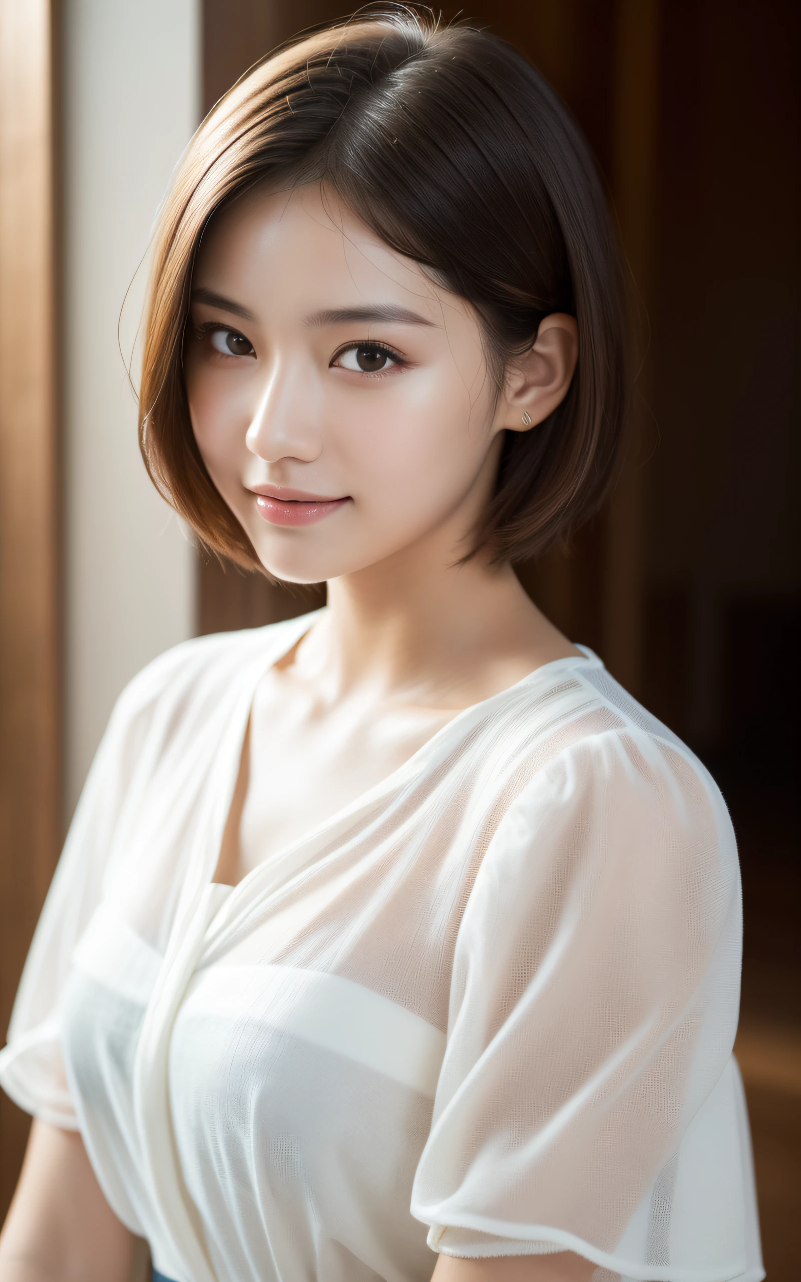 a transcendentally beautiful Irish girl who is mixed with Japanese, short hair, skinny face, smooth pale skin, bright eyes, straight nose, glossy plump lips, gentle smile, pure and innocent, very neat, intelligent and elegant, pretty and gorgeous, attractive and charming