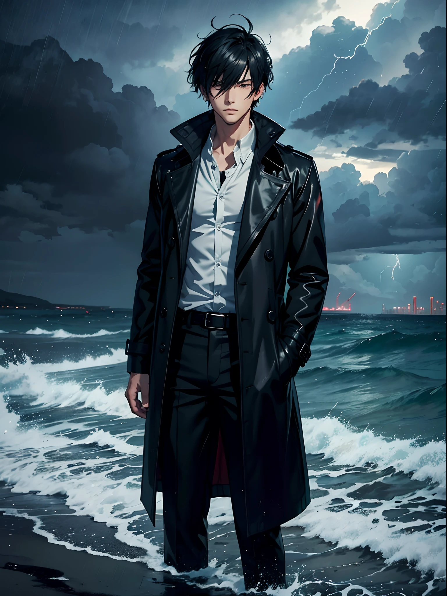 a handsome anime man on the seashore, gloomy ocean, dark sky, thunderstorm, beautiful picture, trench coat, heavy rain, wet hair, detailed picture, good resolution