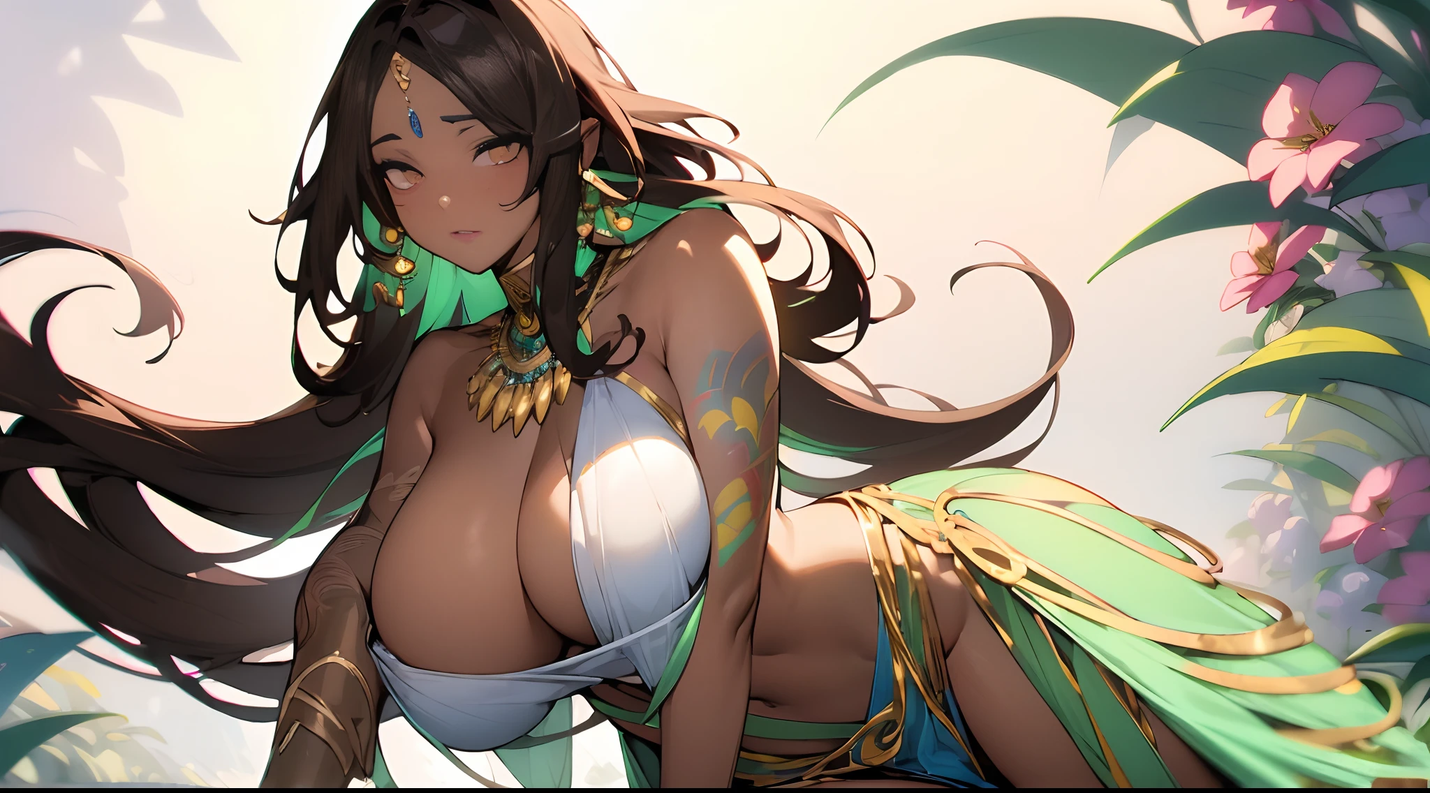 (dark brown skin:1.6), (color full dress:1.2), Wild Xavante India, extreme tanned skin, extreme long black straight hair messes over naked boobs, huge macaw blue parrot feather headdress, big cheeks, long legs, curvy, indigenous yellow and green breast painting, breast painted blue and yellow, indigenous yellow and green facial painting, huge macaw blue parrot feather necklace, honey eyes, (tatto on boobs:1.4), naked, full body image centered around the buxom young miller's exceptionally attractive with big breast and reavling exposed cleavage with wide hips and narrow waist and exuding an alluring and voluptuous physique that radiates warmth and sensuality, gisele bundchen, cheerfull and happy expression on her face, hyper-realistic photography portrait with rainbow vivid skimpy clothes,(breast tattoo:1.2), delicahyper realistic photography portrait with rainbow colorful vivid skimpy clothes, gal gadot (very sexy:1.2) ,beautiful lips,detailed large eyes, Her eyes are a striking and inviting feature, realistic body details scar and fracture, extreme abnormally huge boobs, erotic fantasy, The image evokes feelings of sensuous eroticism, te and tranquil flower princess with soft hair dancing in the wind and intricately braided. Her sweet face has puffy, kissable lips and stunning, highly realistic eyes, hires eyes, 8k eyes, beautiful detail eyes, realistically shaded eyes, and realistic eyes in vibrant colors. She is wearing delicately detailed colourful fabric of gossamer silk and satin, midst of the most beautiful meadow in the world and is surrounded by beautiful flowers of varying sizes and colors, with delicate flowers dancing in the wind and creating a dynamic and compelling image