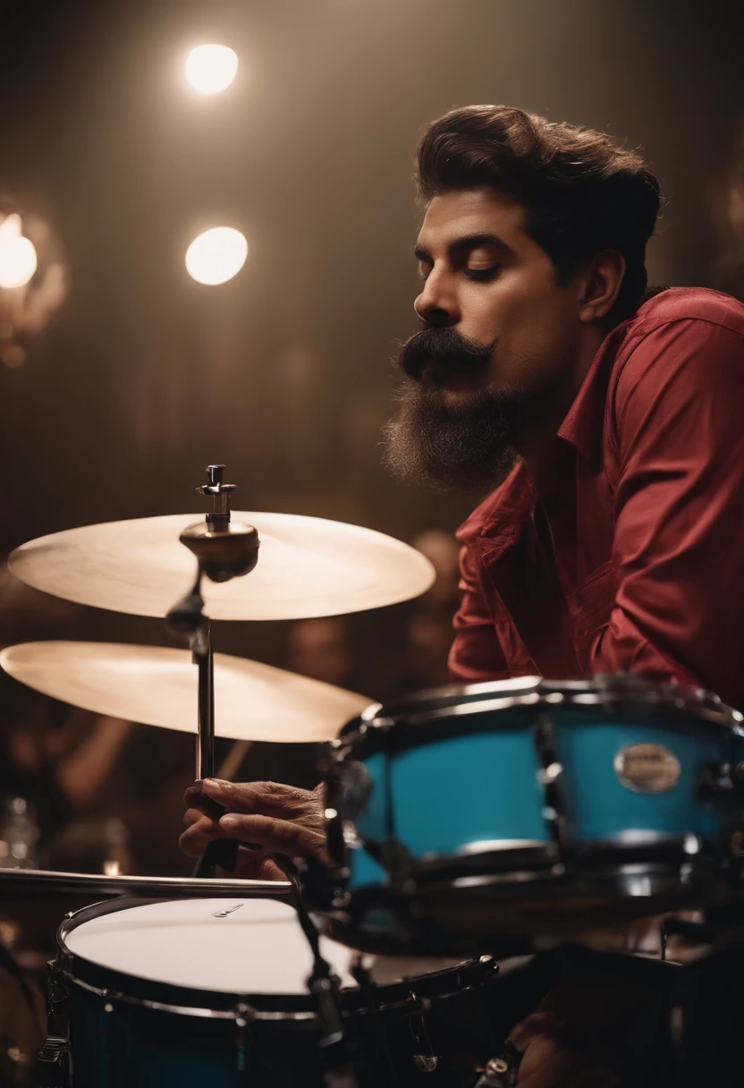 Um homem de bigode tocando bateria