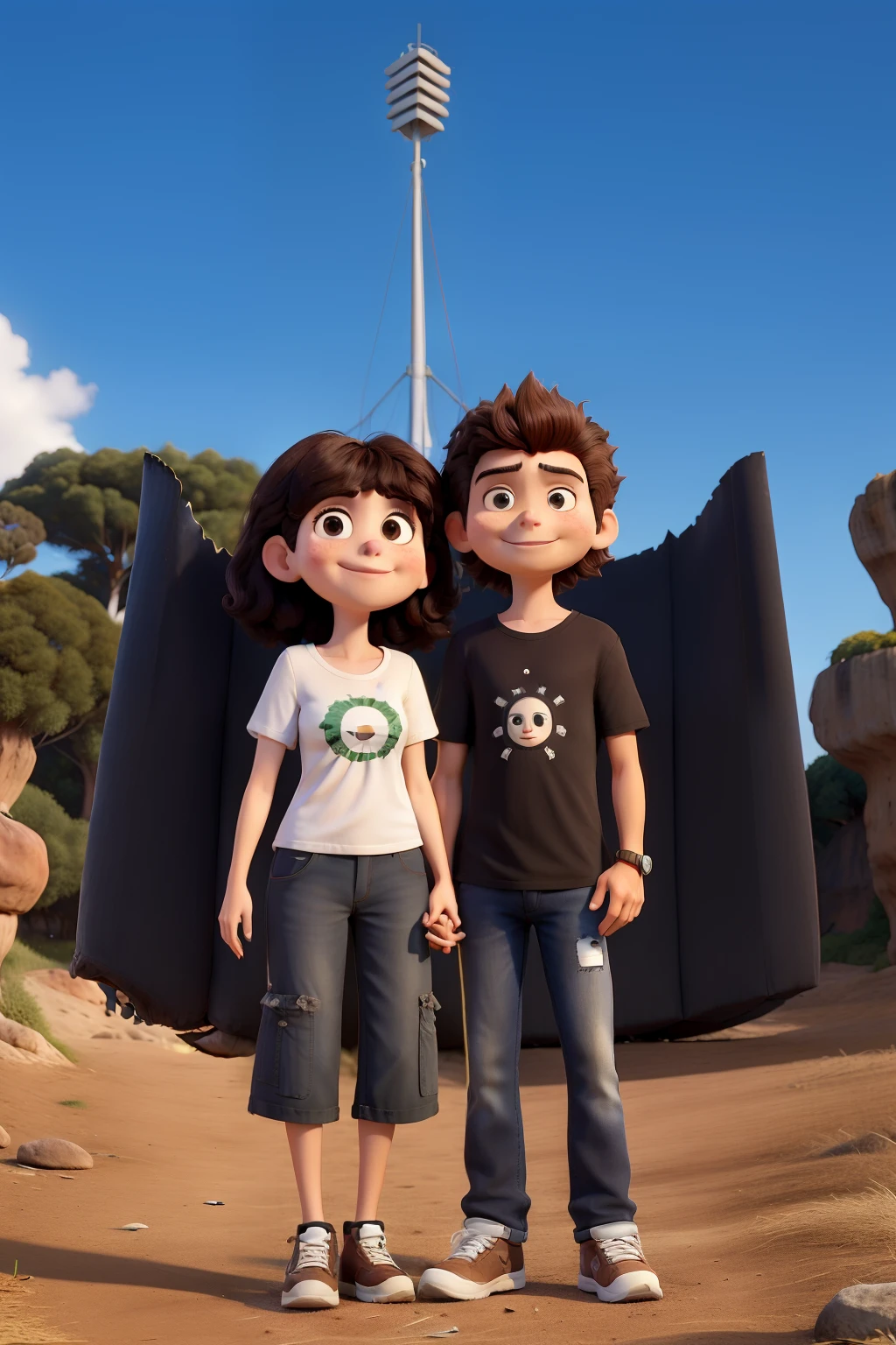 um casal em frente a roda gigante, garota de 1,60, blusa preta de manga longa e cabelo na cintura. garoto de 1,70, cabelo curto, blusa preta.