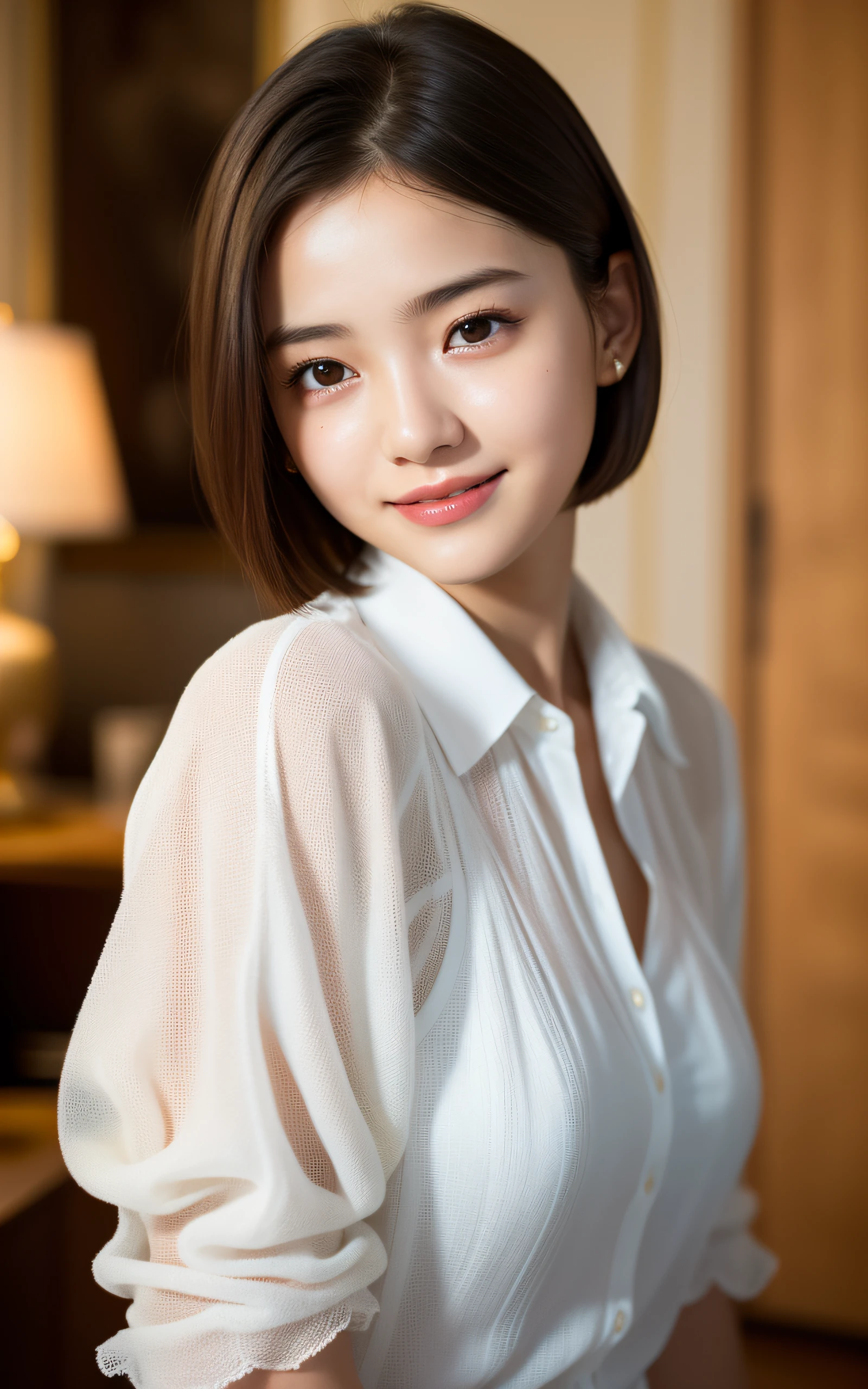 A close-up of a beautiful Korean woman, 29 inch breast size, wearing a long-sleeved shirt, skirt, elegant expression, Looking straight ahead at the camera, Leave a cup of coffee indoors at home, bokeh background, night, short hair front view, UHD