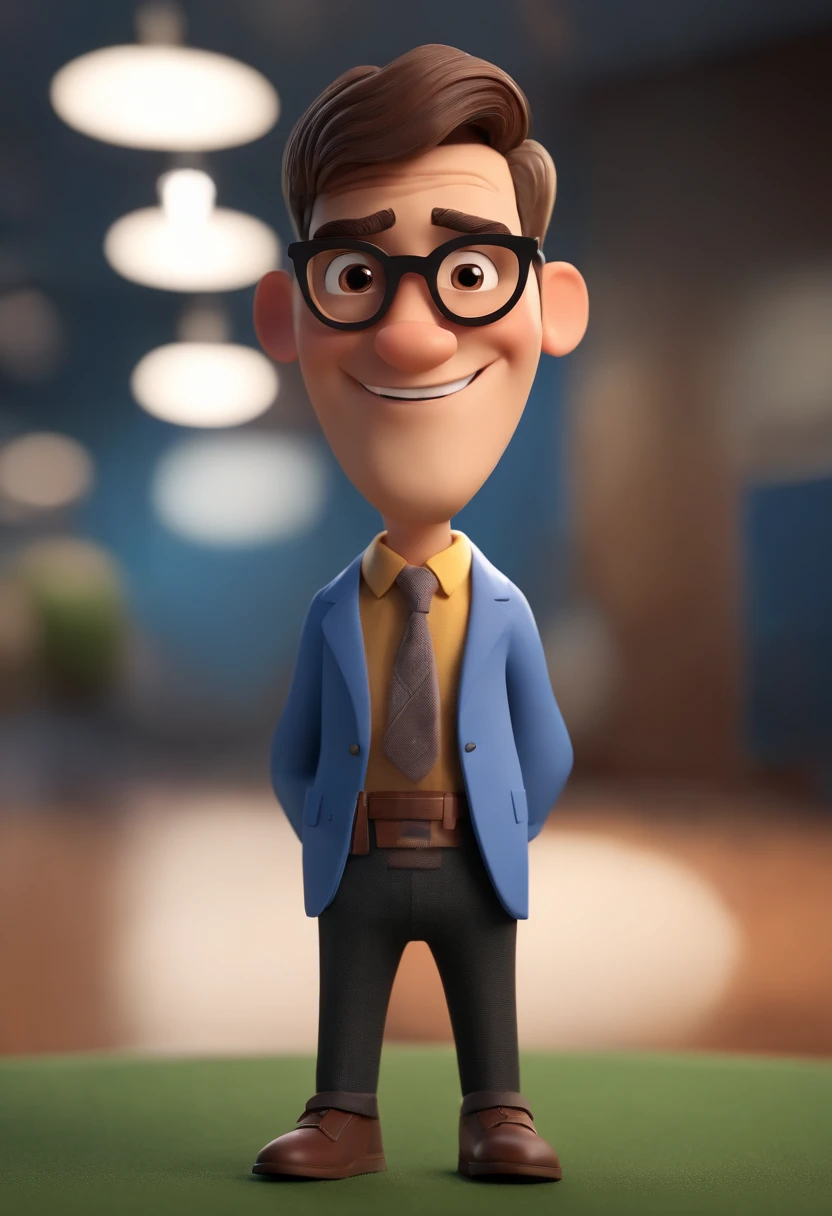 Cartoon character of a man wearing black glasses and a blue shirt, um personagem animado, Caractere estilizado, animation style rendering, 3D estilizado, Arnold Maya render, 3 d render stylized, toon render keyshot, Personagem 3D, Personagem 3D, 3d rendering stylized, 3 d character render, personagem de desenho animado, Personagem de close up, Pose de personagem, (Estilo Pixar) (master part:1.2) (Bokeh) (best quality) (pele detalhada) (textura detalhada) (8k) (argila) (Cinematic lighting) (foco nítido,Senta e vaza a parte superior do corpo