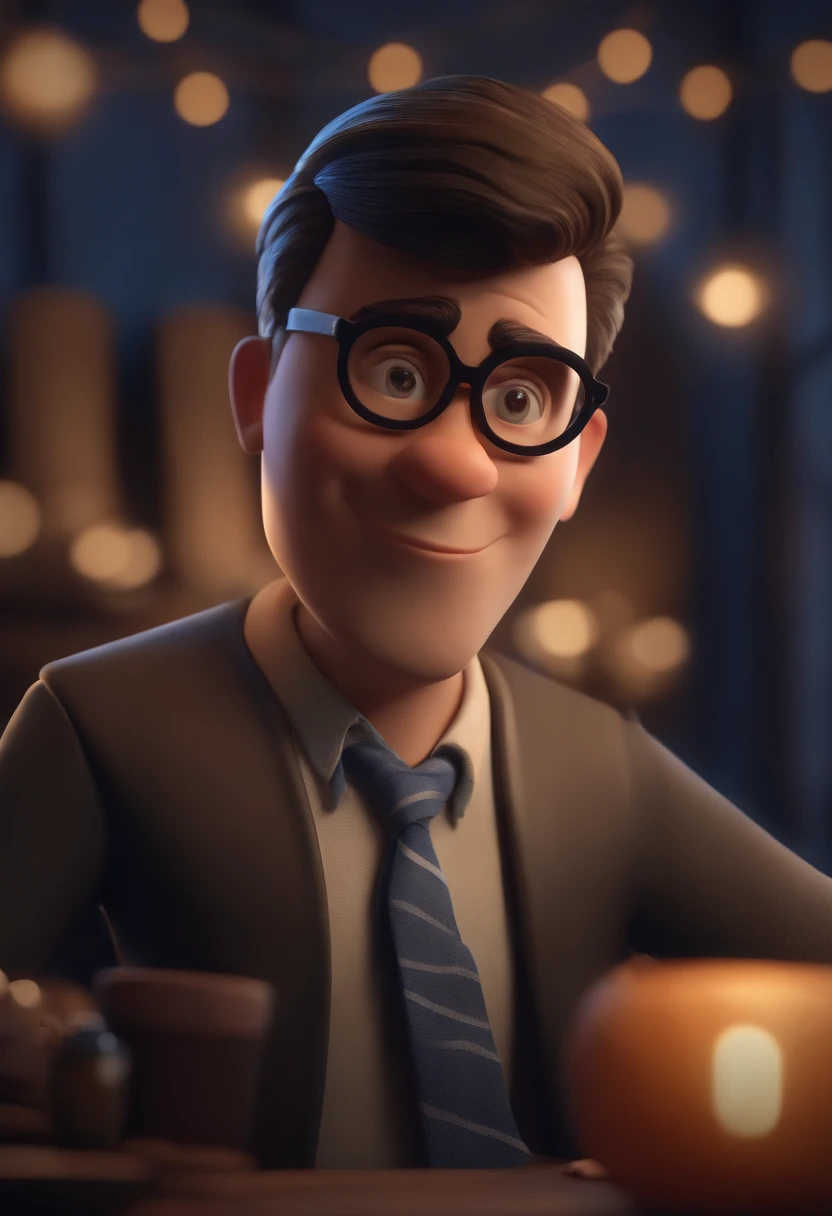Cartoon character of a man wearing black glasses and a blue shirt, um personagem animado, Caractere estilizado, animation style rendering, 3D estilizado, Arnold Maya render, 3 d render stylized, toon render keyshot, Personagem 3D, Personagem 3D, 3d rendering stylized, 3 d character render, personagem de desenho animado, Personagem de close up, Pose de personagem, (Estilo Pixar) (master part:1.2) (Bokeh) (best quality) (pele detalhada) (textura detalhada) (8k) (argila) (Cinematic lighting) (foco nítido,Senta e vaza a parte superior do corpo
