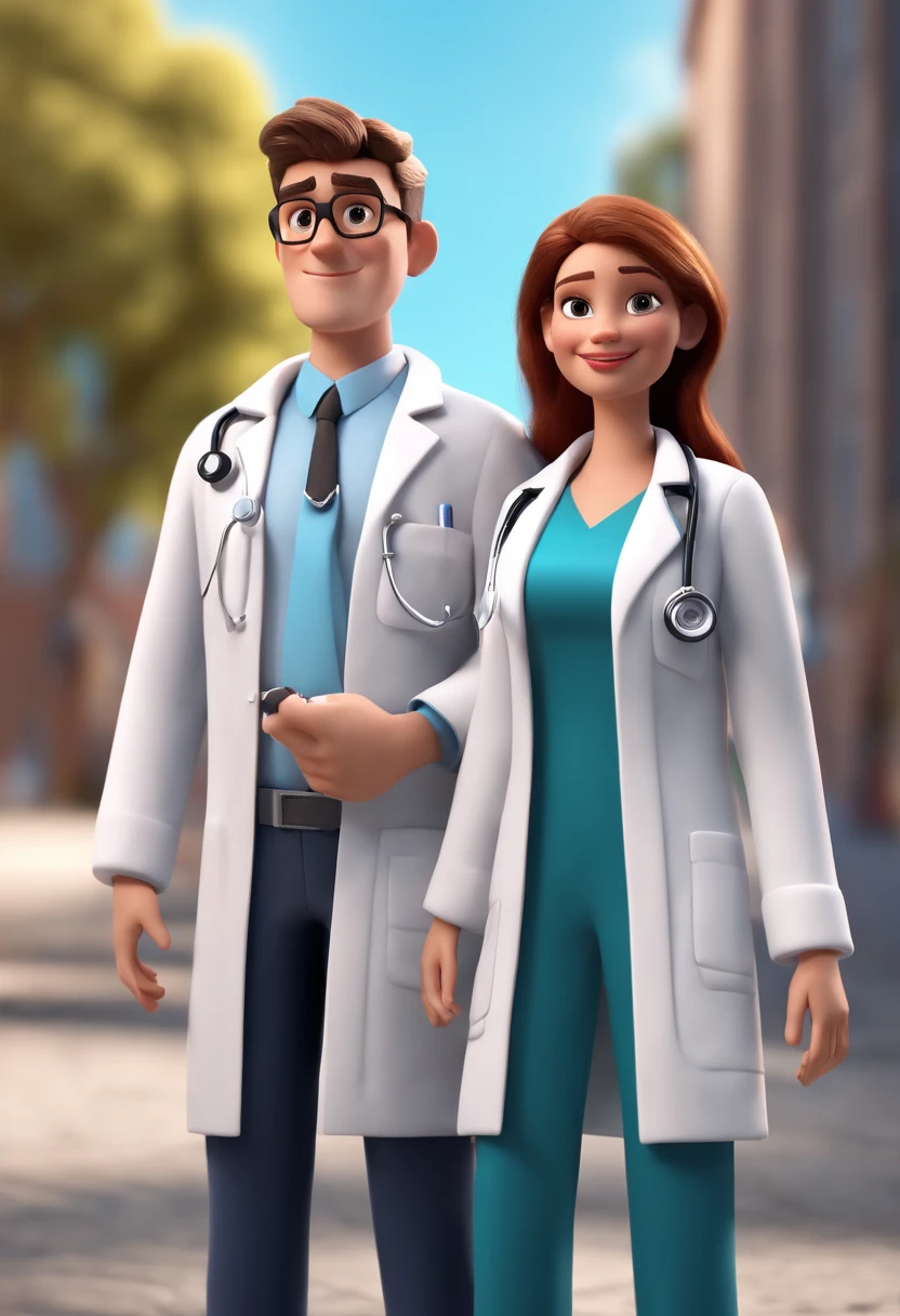 Cartoon Character Couple Of age Doctors Wearing Lab Coat And Stethoscope In A College , um personagem animado, Caractere estilizado, animation style rendering, 3D estilizado, , 3 d render stylized, toon render keyshot, Personagem 3D, Personagem 3D, 3d rendering stylized, 3 d character render, personagem de desenho animado, Personagem de close up, Pose de personagem, (Estilo Pixar) (Bokeh) (melhor qualidade) (pele detalhada) (textura detalhada) (8k) (argila) (Cinematic lighting) (foco nítido,Senta e vaza a parte superior do corpo
