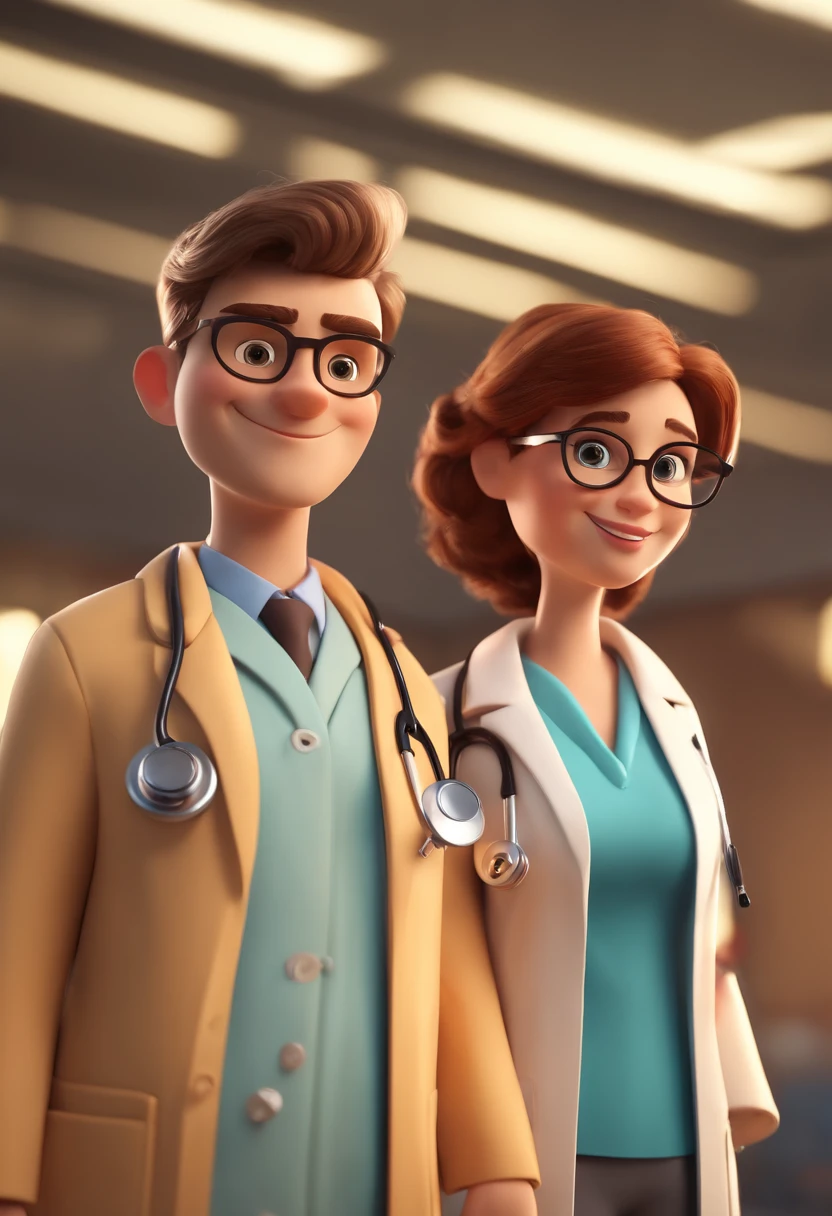 Cartoon Character Couple Of Teenage Doctors Wearing Lab Coat And Stethoscope In A College , um personagem animado, Caractere estilizado, animation style rendering, 3D estilizado, , 3 d render stylized, toon render keyshot, Personagem 3D, Personagem 3D, 3d rendering stylized, 3 d character render, personagem de desenho animado, Personagem de close up, Pose de personagem, (Estilo Pixar) (Bokeh) (melhor qualidade) (pele detalhada) (textura detalhada) (8k) (argila) (Cinematic lighting) (foco nítido,Senta e vaza a parte superior do corpo