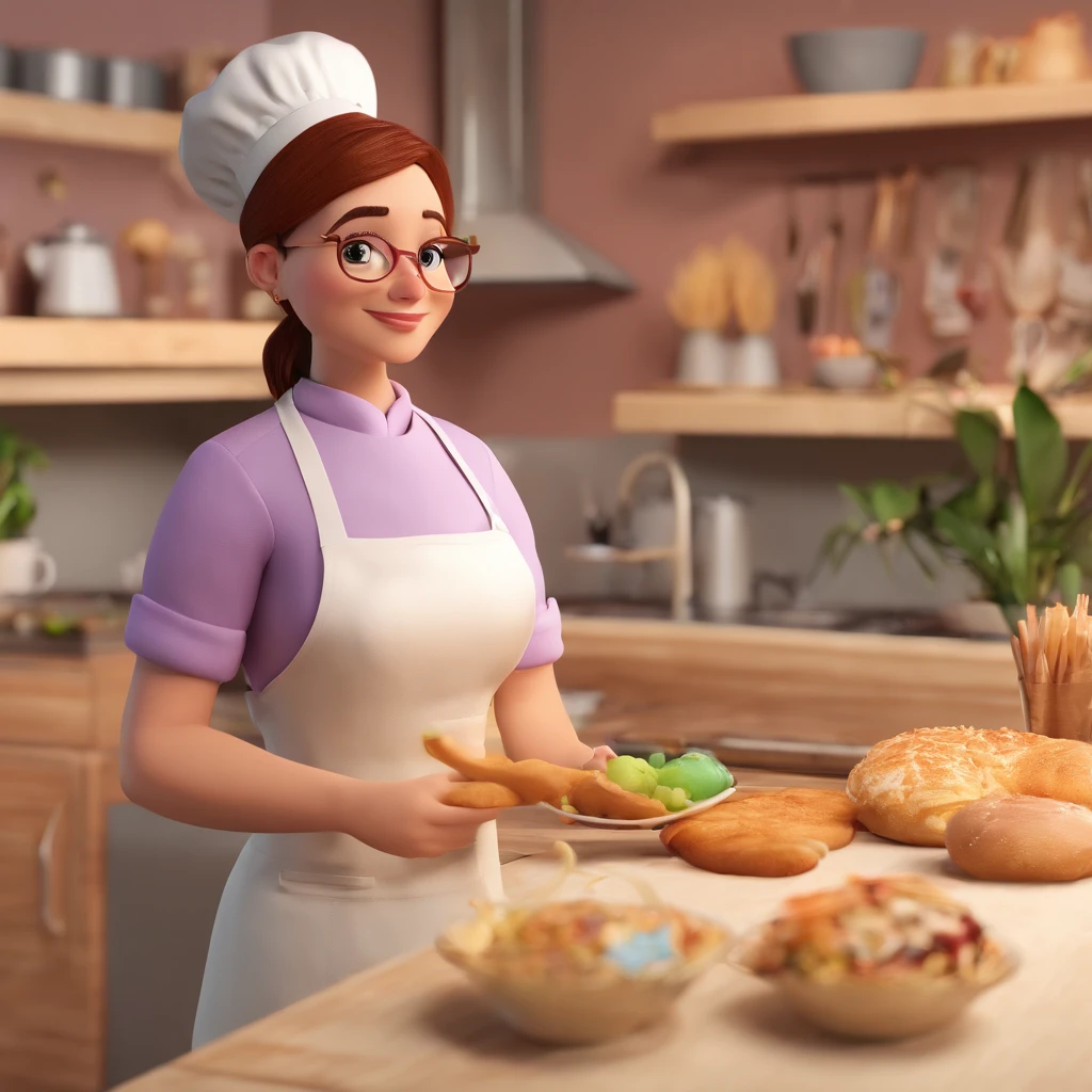 Crie uma cena de desenho animado  estilo 3d -Pixar, Onde uma mulher, de cabelos lisos castanhos com 35 anos de idade, She's cooking dressed as a pastry chef.