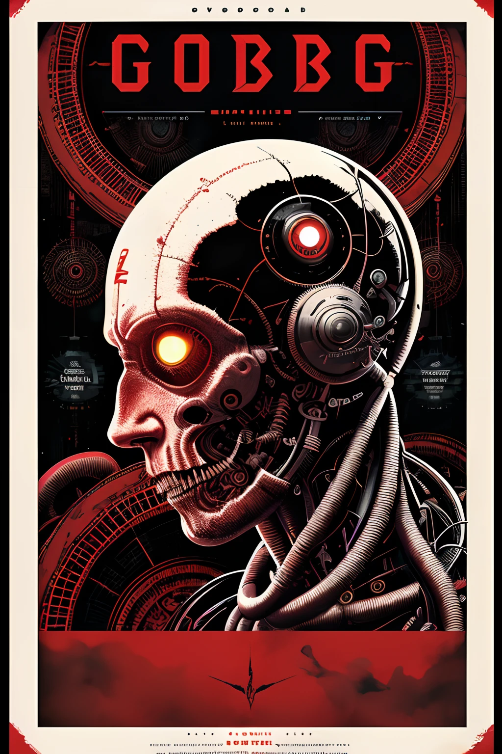 cyborg, magazine cover, poster art , Lovecraftian horror genre,  hint of crimson, bold huge text, matted design layout.