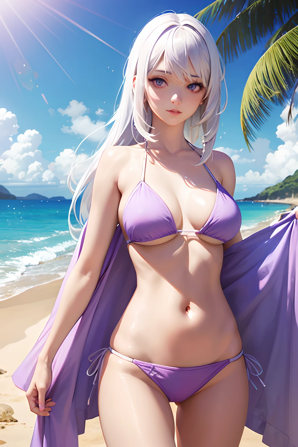 realistic, 1girl, white hair, purple eyes, bikini, beach, light particles, light rays, wallpaper,