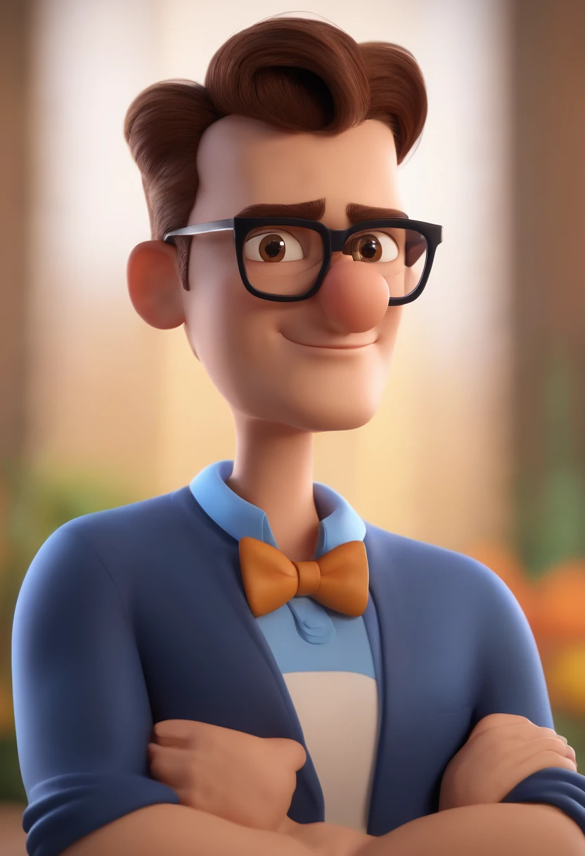 Cartoon character of a man wearing black glasses and a blue shirt, um personagem animado, Caractere estilizado, animation style rendering, 3D estilizado, Arnold Maya render, 3 d render stylized, toon render keyshot, Personagem 3D, Personagem 3D, 3d rendering stylized, 3 d character render, personagem de desenho animado, Personagem de close up, Pose de personagem, (Estilo Pixar) (master part:1.2) (Bokeh) (best quality) (pele detalhada) (textura detalhada) (8k) (argila) (Cinematic lighting) (foco nítido,Senta e vaza a parte superior do corpo