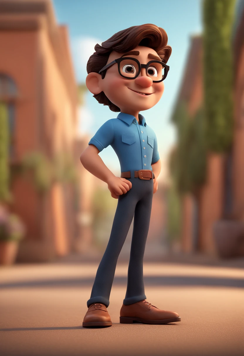 Cartoon character of a man with black glasses and a blue shirt, animation character, Caractere estilizado, animation style rendering, 3D estilizado, Arnold Maya render, 3 d render stylized, toon render keyshot, Personagem 3D, Personagem 3D, 3d rendering stylized, 3 d character render, personagem de desenho animado, Personagem de close up, Pose de personagem,  (Estilo Pixar) (master part:1.2) (Bokeh) (best quality) (pele detalhada) (textura detalhada) (8k) (argila) (Cinematic lighting) (foco nítido