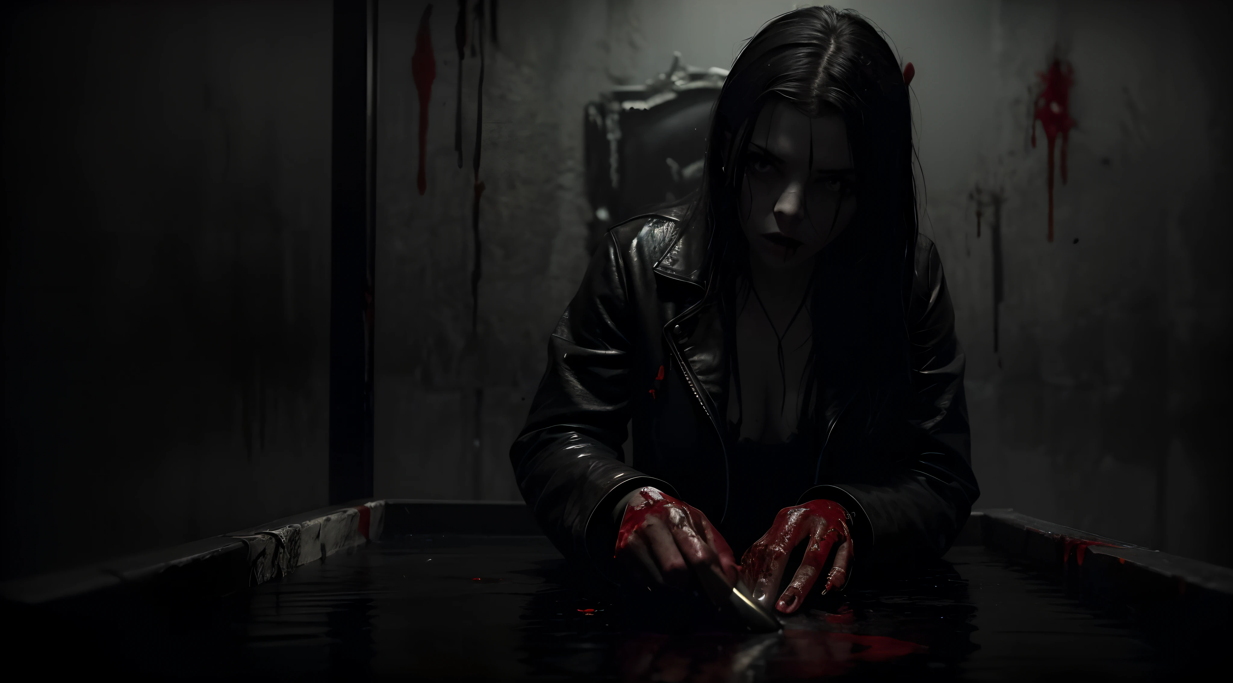 arafed woman in a dark room with blood on the floor, blood; dark cinematic lighting, film still from a horror movie, still from horror movie, film still from horror movie, many scars. cinematic lighting, horror film still, screenshot from morbius (2022), film still dnd, horror movie still, anya taylor - joy vampire queen