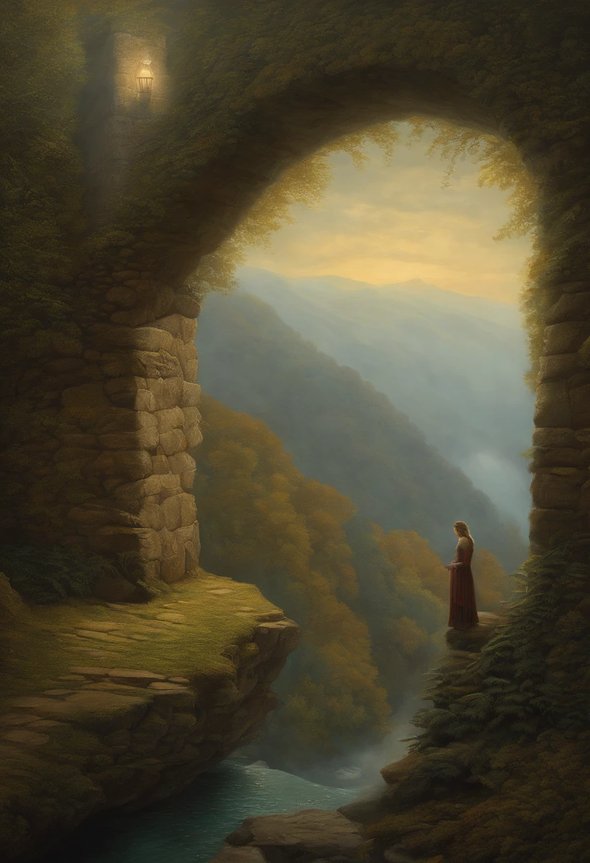 Myst, de Thomas Kinkade, Aron Wiesenfeld e Beksincki e Adrianus Eversen e GEDIMINAS PRANCKEVICIUS e ESCHER, Texturas intrincadamente refinadas, Detalhes da pintura fosca, cor profunda, genial, Detalhes intrincados